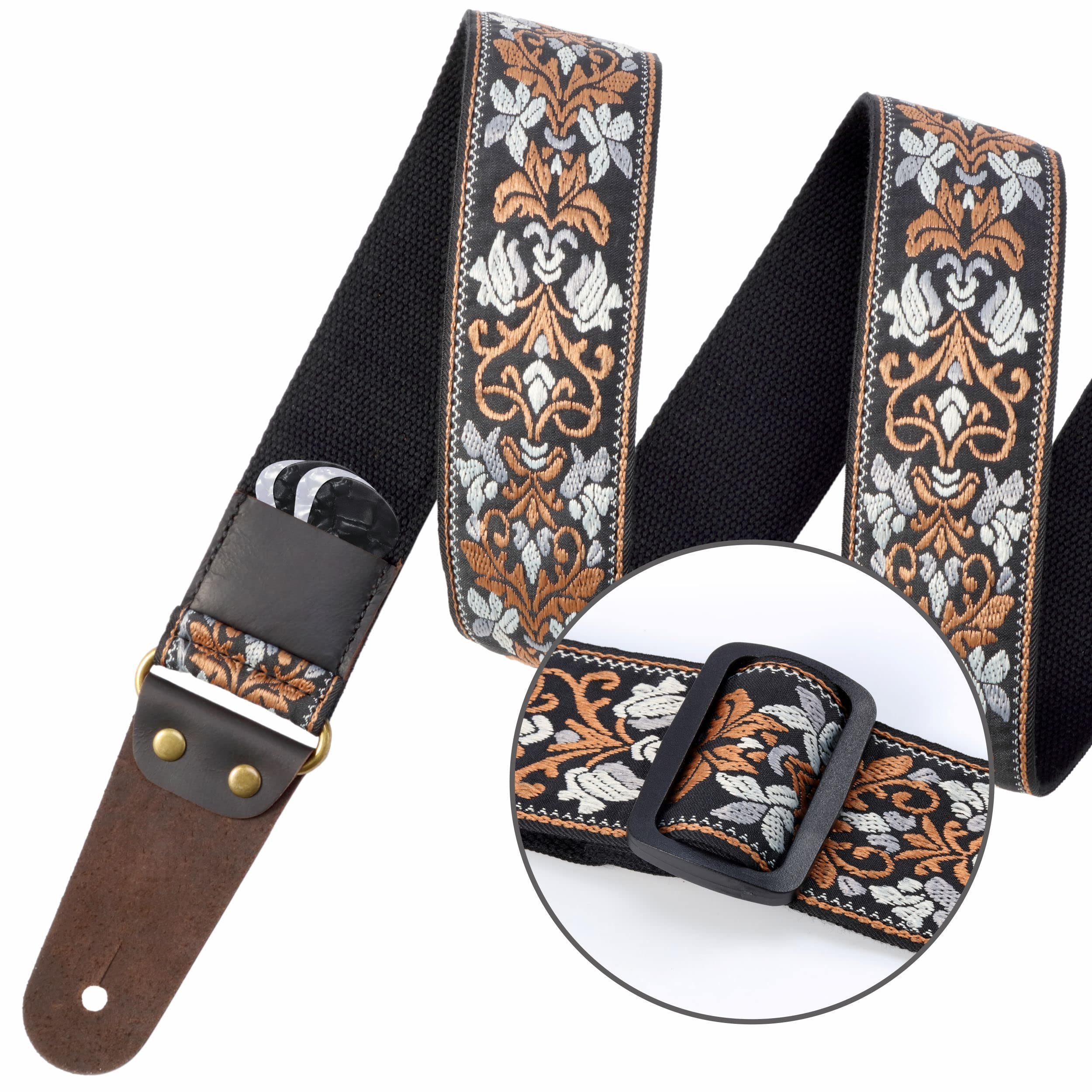 Nefelibata Guitar Strap, 2 Jacquard Embroidery Guitar Straps, Full Grain Leather Ends With Hidden Pocket, For Bass, Electric And