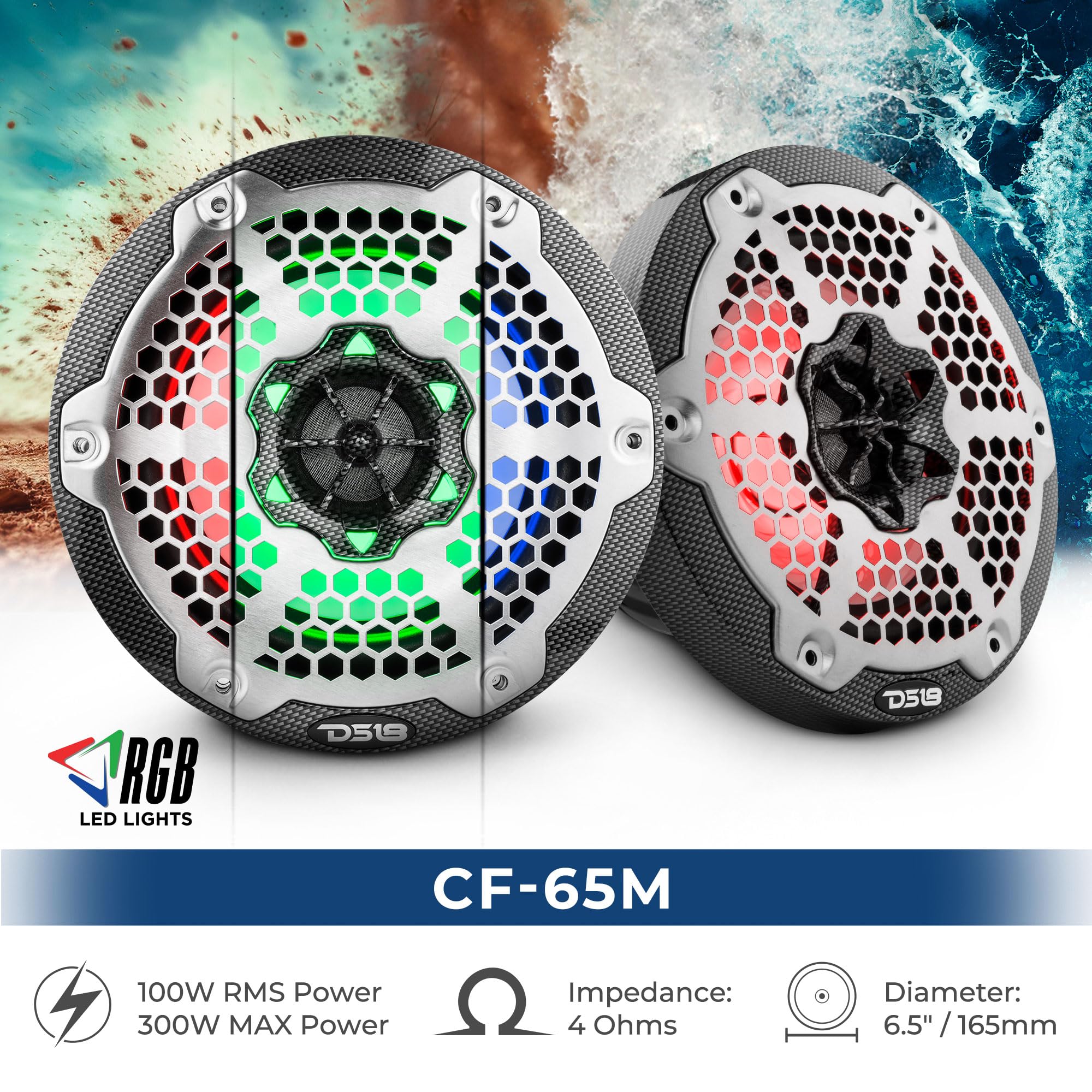 Ds18 Hydro Cf-65M 6.5 Marine Speakers 2-Way With Integrated Rgb Lights, Black Carbon Fiber, Pair - 100% Uv Stable - Water Resist