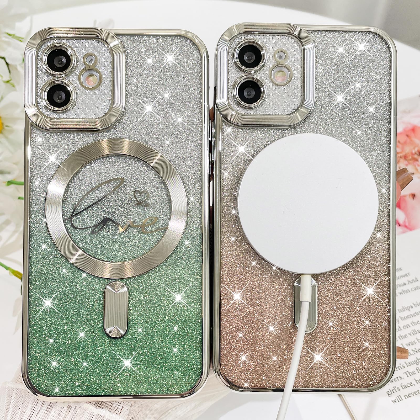 Fiyart Designed For Iphone 12 Case,Compatible With Magsafe Love Heart Plating Camera Protection Clear Phone Case, Magnetic Glitt