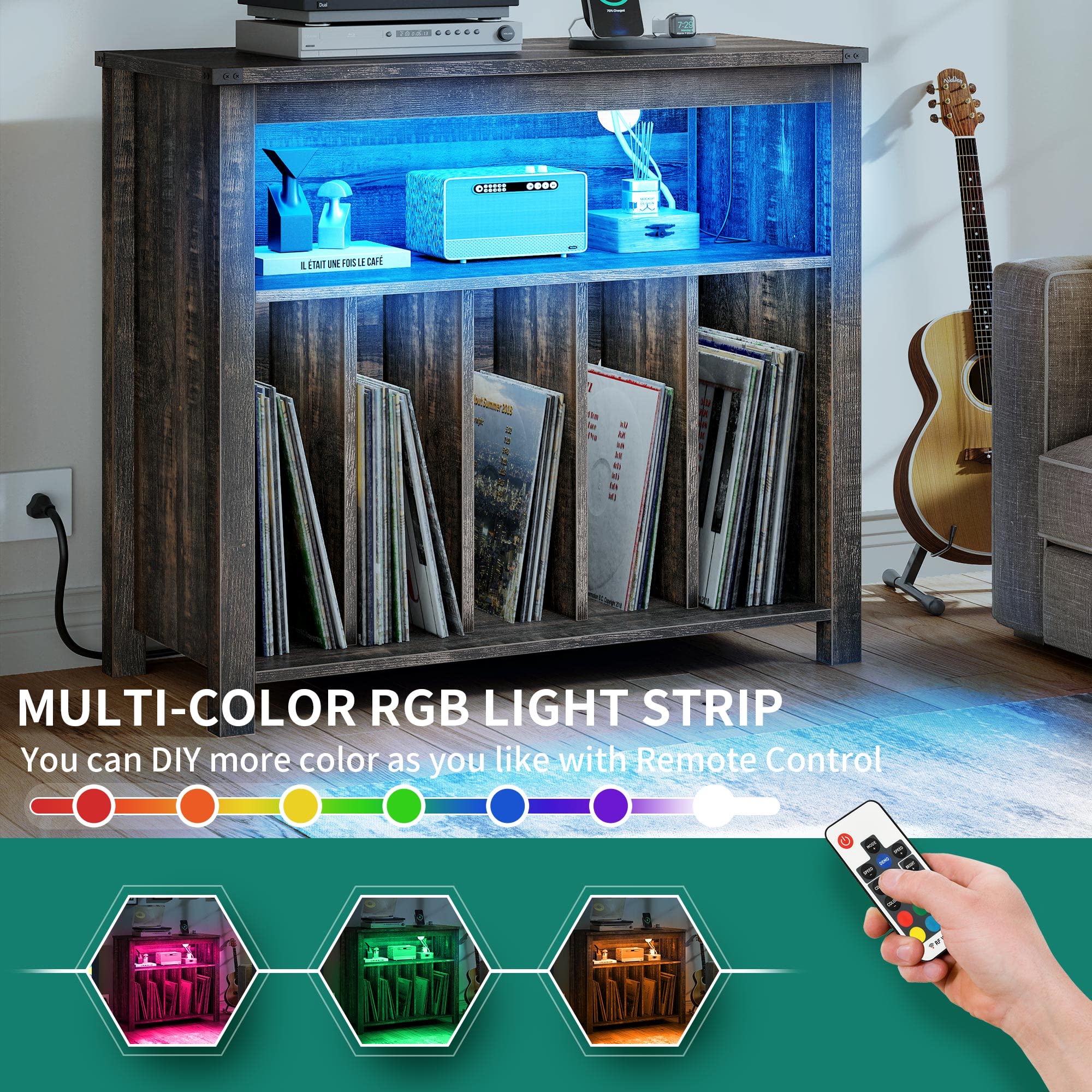 Yitahome Large Record Player Stand With Power Outlets & Led Lights, Vinyl Record Storage Table With Display Shelf Holds Up To 12