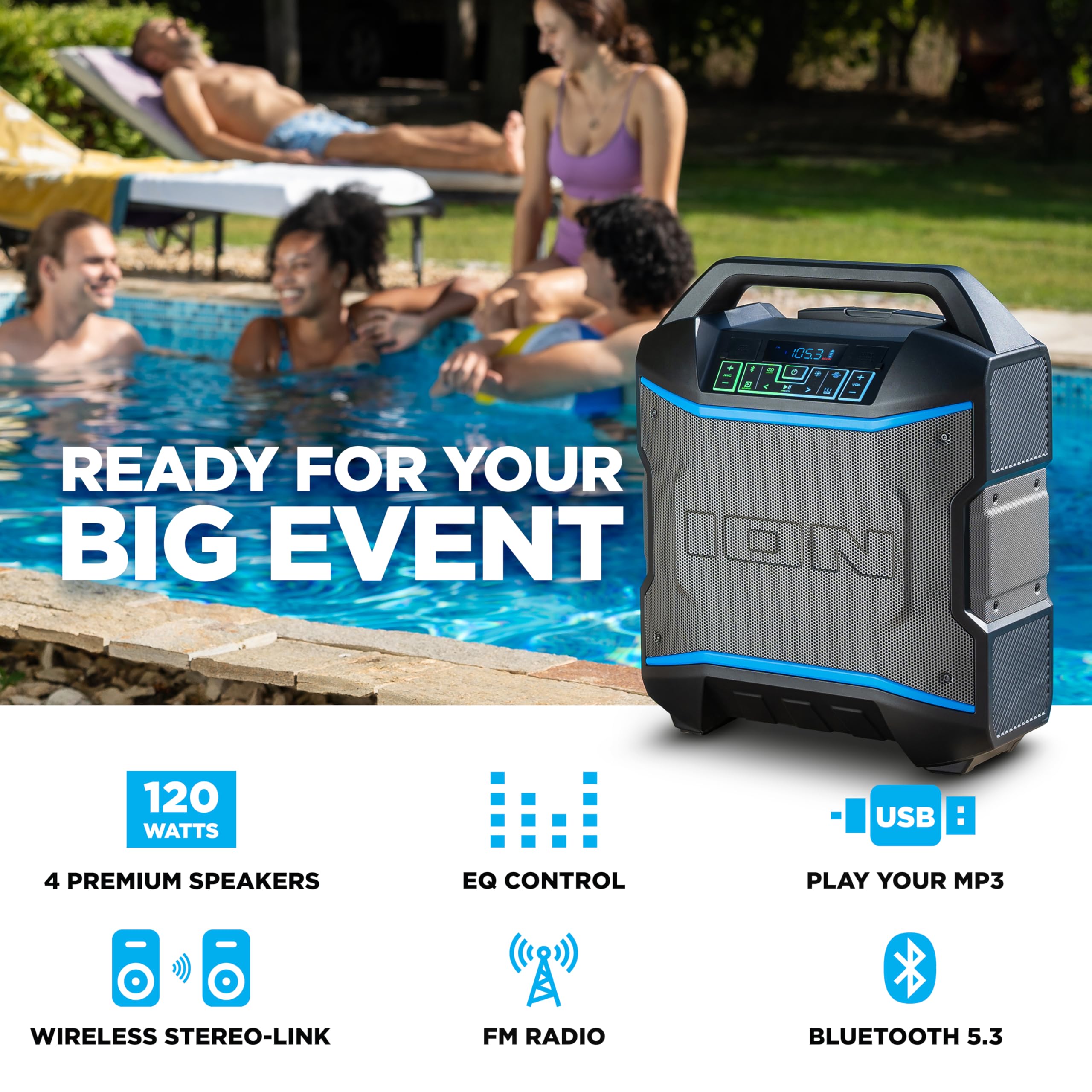 Ion Block Rocker   Portable Bluetooth Outdoor Party Speaker With Karaoke Microphone, Battery, 4 Speakers, Radio, Usb Port, App,