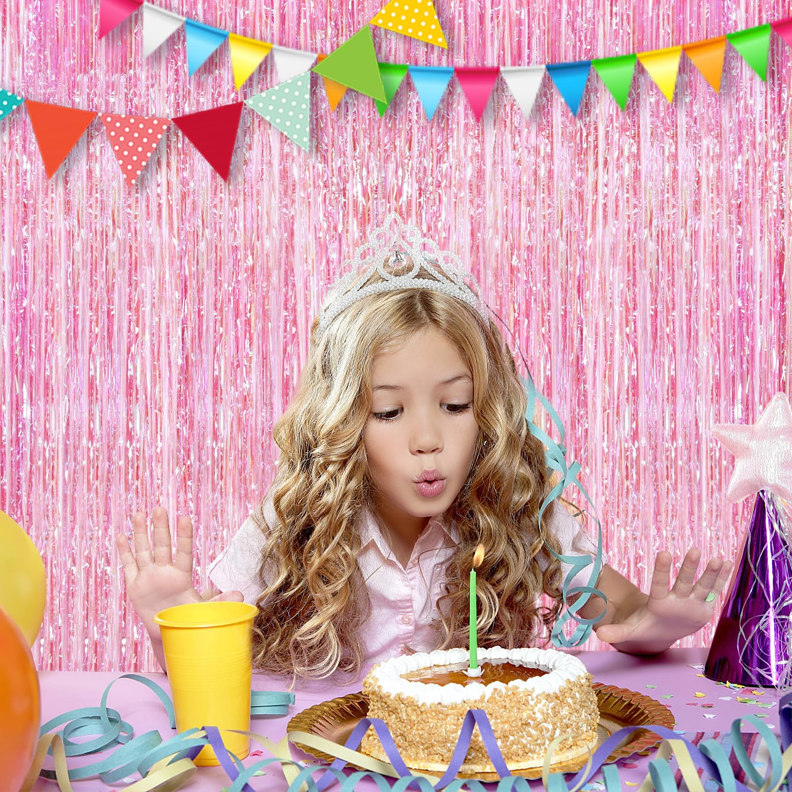 2Pack 3.3X8.3Ft Iridescent Pink Foil Fringe Backdrop Curtains, Pink Tinsel Streamers Birthday Party Decorations Fringe Backdrop