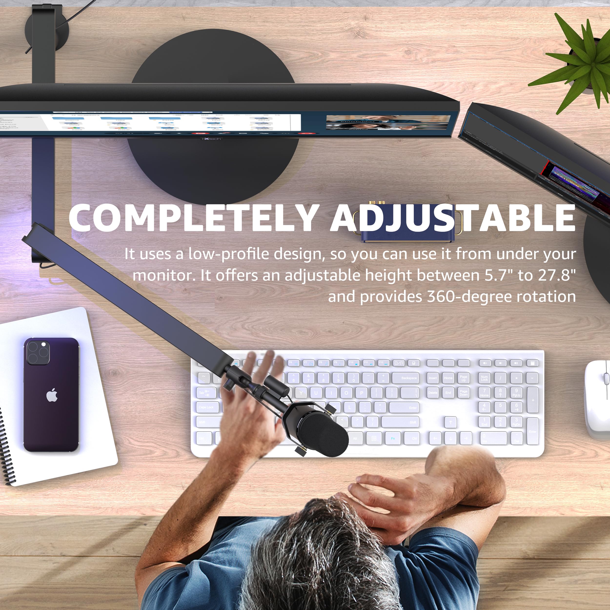 Ixtech Mic Arm Desk Mount, Low Profile 360 Swivel Mic Boom Arm, Adjustable Microphone Arm With Detachable Rise Column And Built