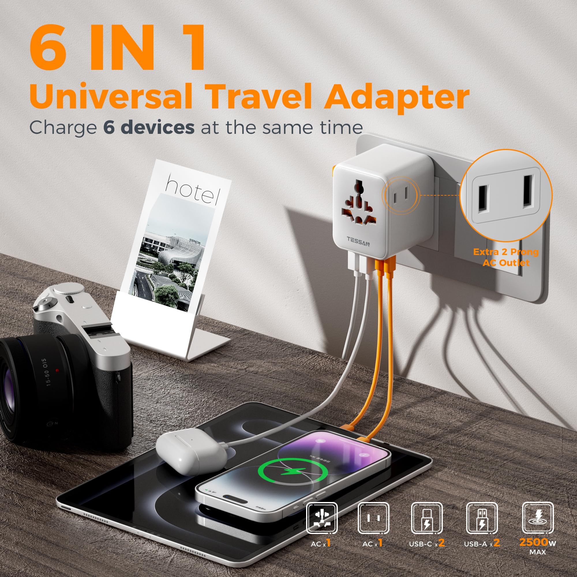 Tessan Universal Travel Adapter, International Power Adapter With Extra 2 Prong Ac Outlet, 4 Usb Ports (2 Usb C), Worldwide Plug