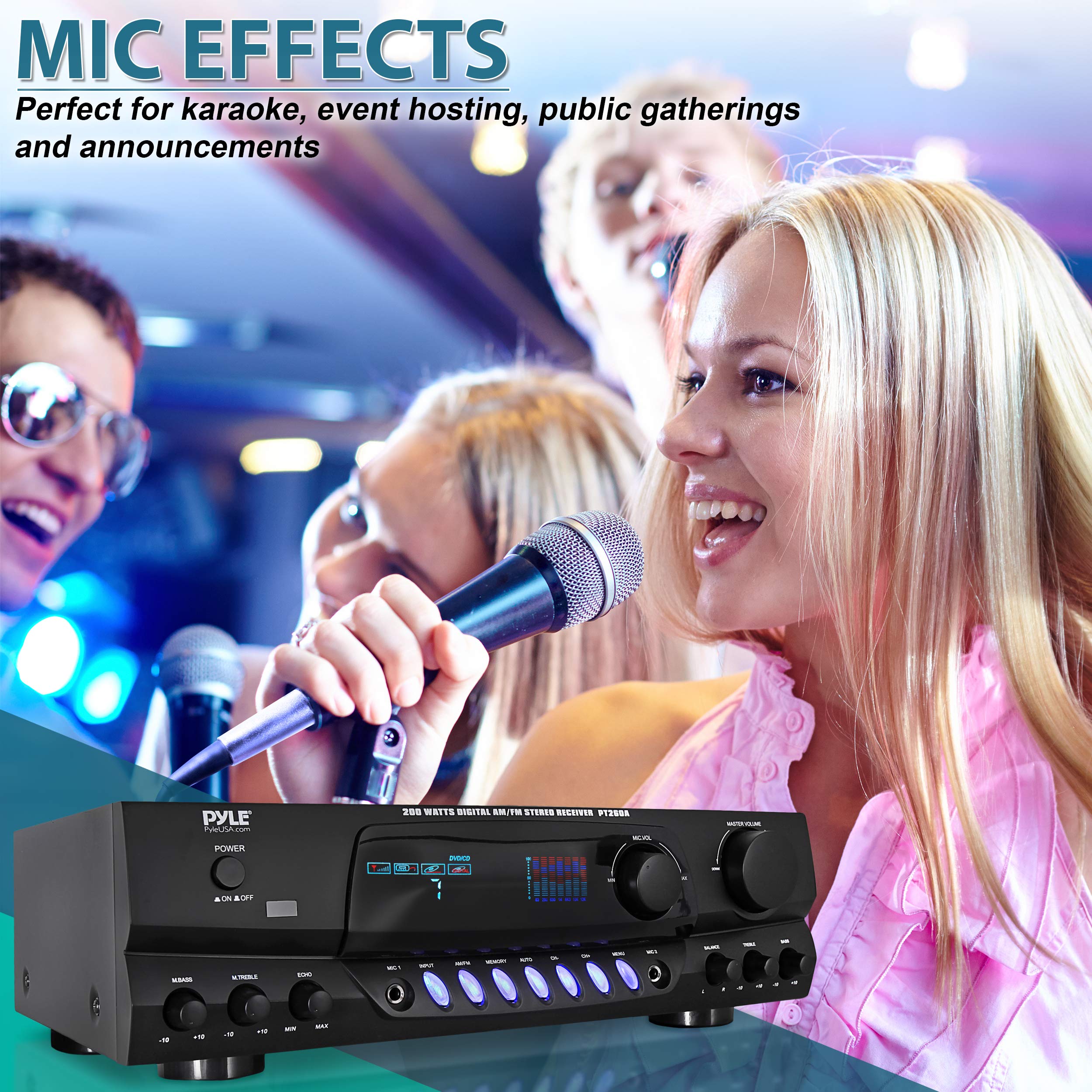 Pyle 200W Home Audio Power Amplifier   Stereo Receiver W/Am Fm Tuner, 2 Microphone Input W/Echo For Karaoke, Great Addition To Y