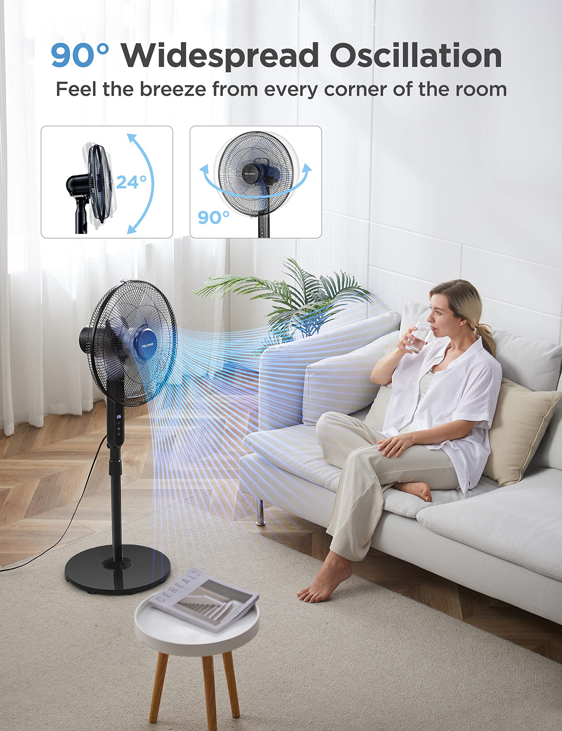 Pelonis 16'' Oscillating Pedestal Stand Up Fan | Adjustable Height | Ultra Quiet Dc Motor | Remote Control | 12 Speed | 12 Hour