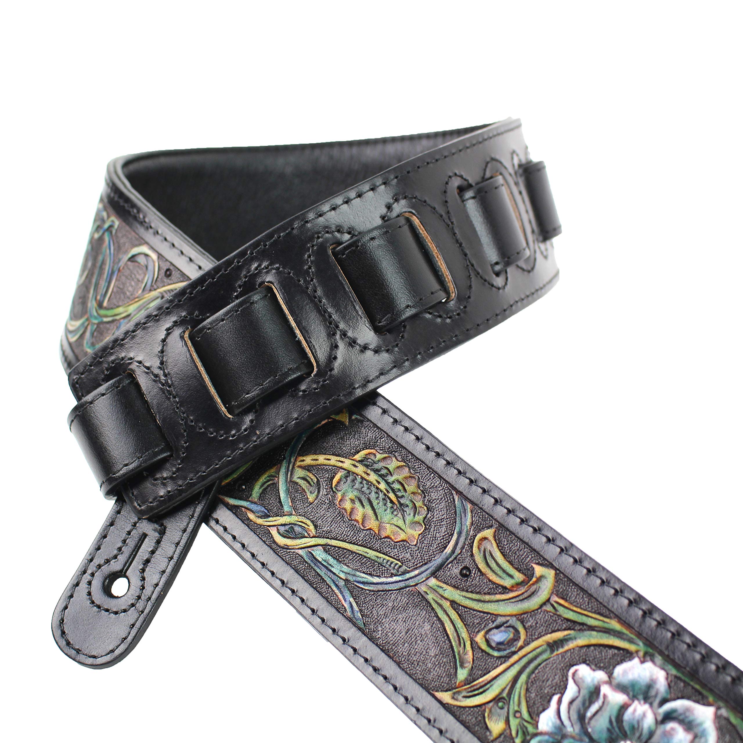 Walker And Williams Lhr 13 Handmade Black Premium Carved Leather Guitar Strap With Prussian Blue And White Western Floral Carvin