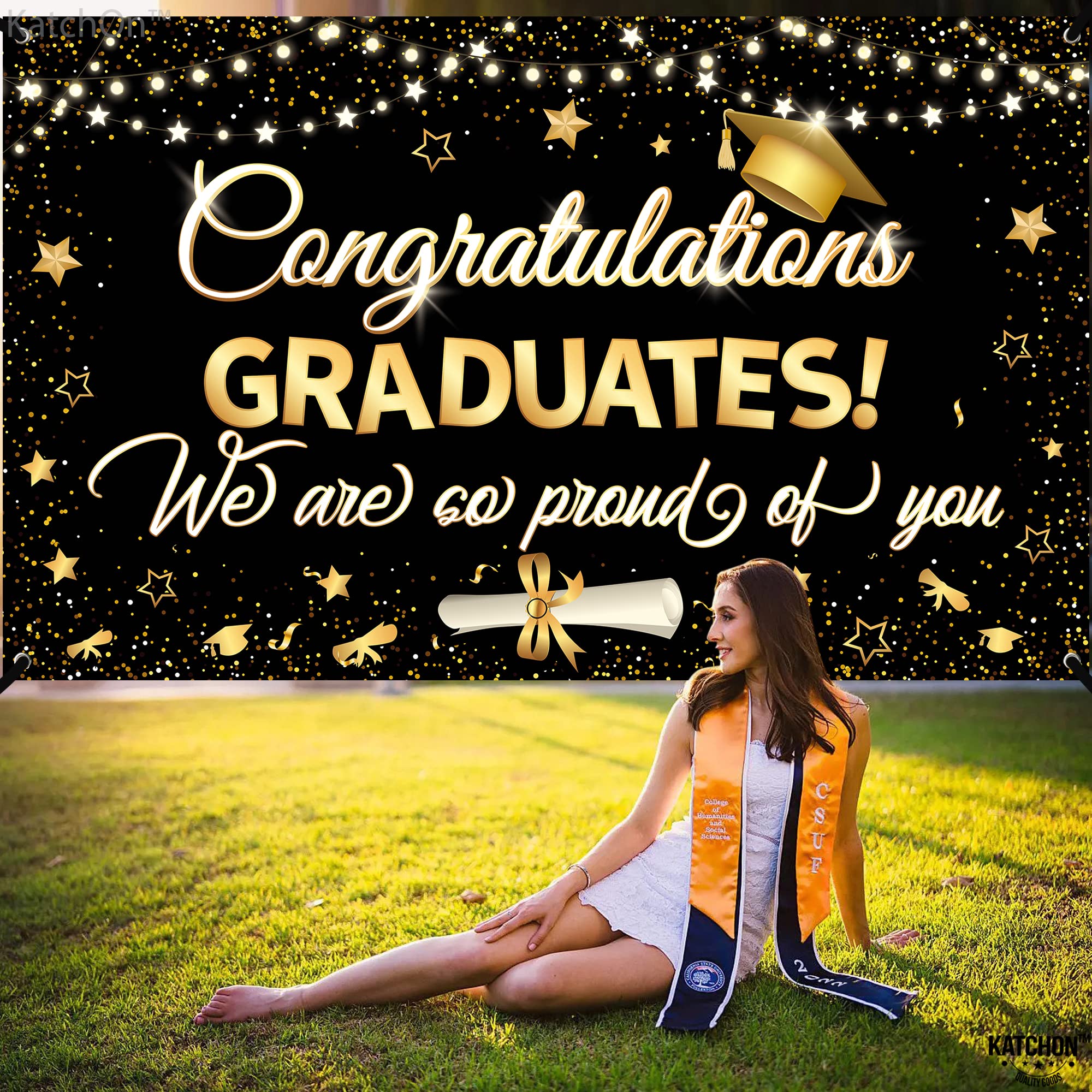 Katchon, Congratulations Graduate Banner 2024   Large 72X44 Inch | Black And Gold Graduation Banner, Graduation Decorations Clas