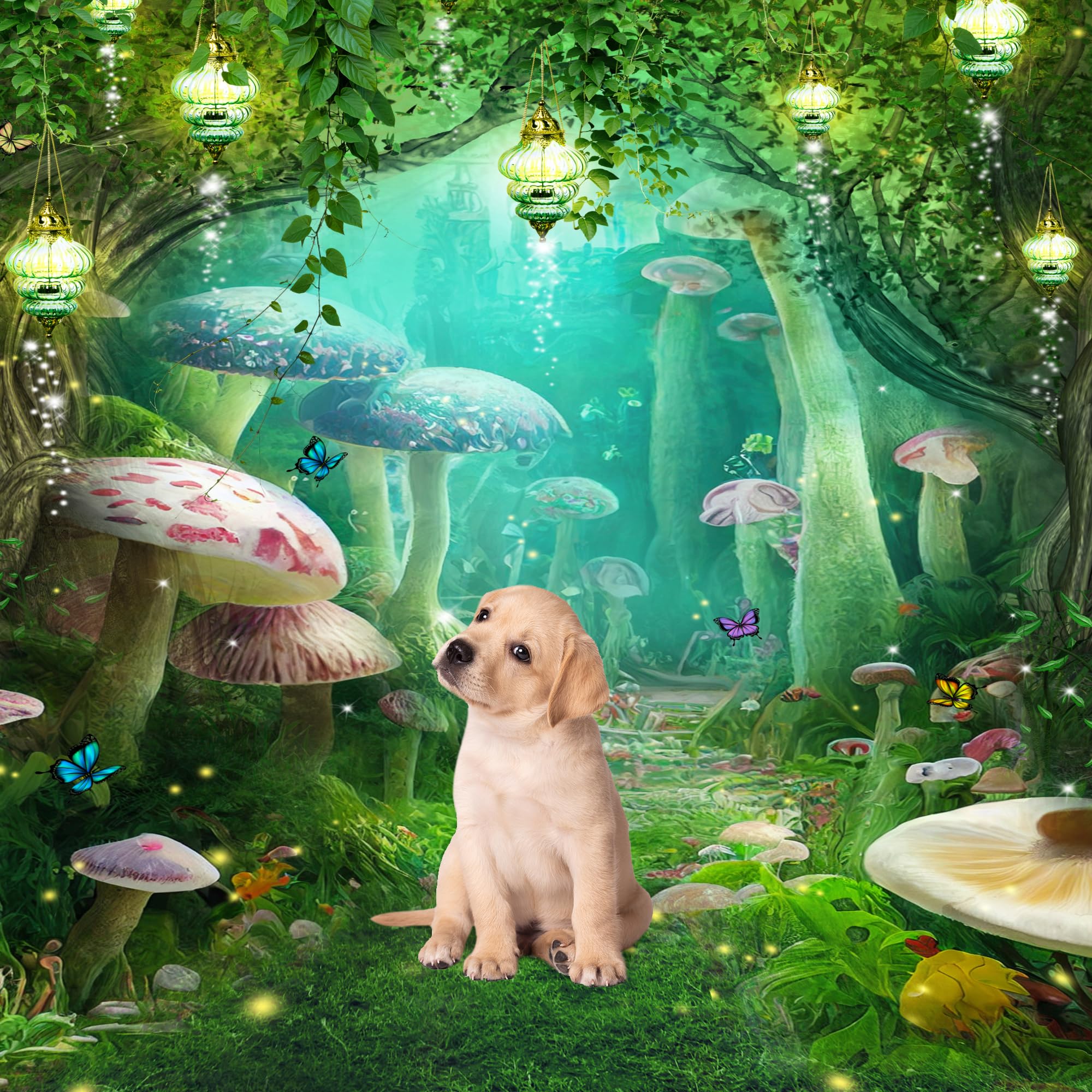 Riyidecor Enchanted Backdrop Polyester Fabric Greenery Garden Wonderland Fairy Tale Mushroom Butterfly Woodland Plant 5W*7H Feet