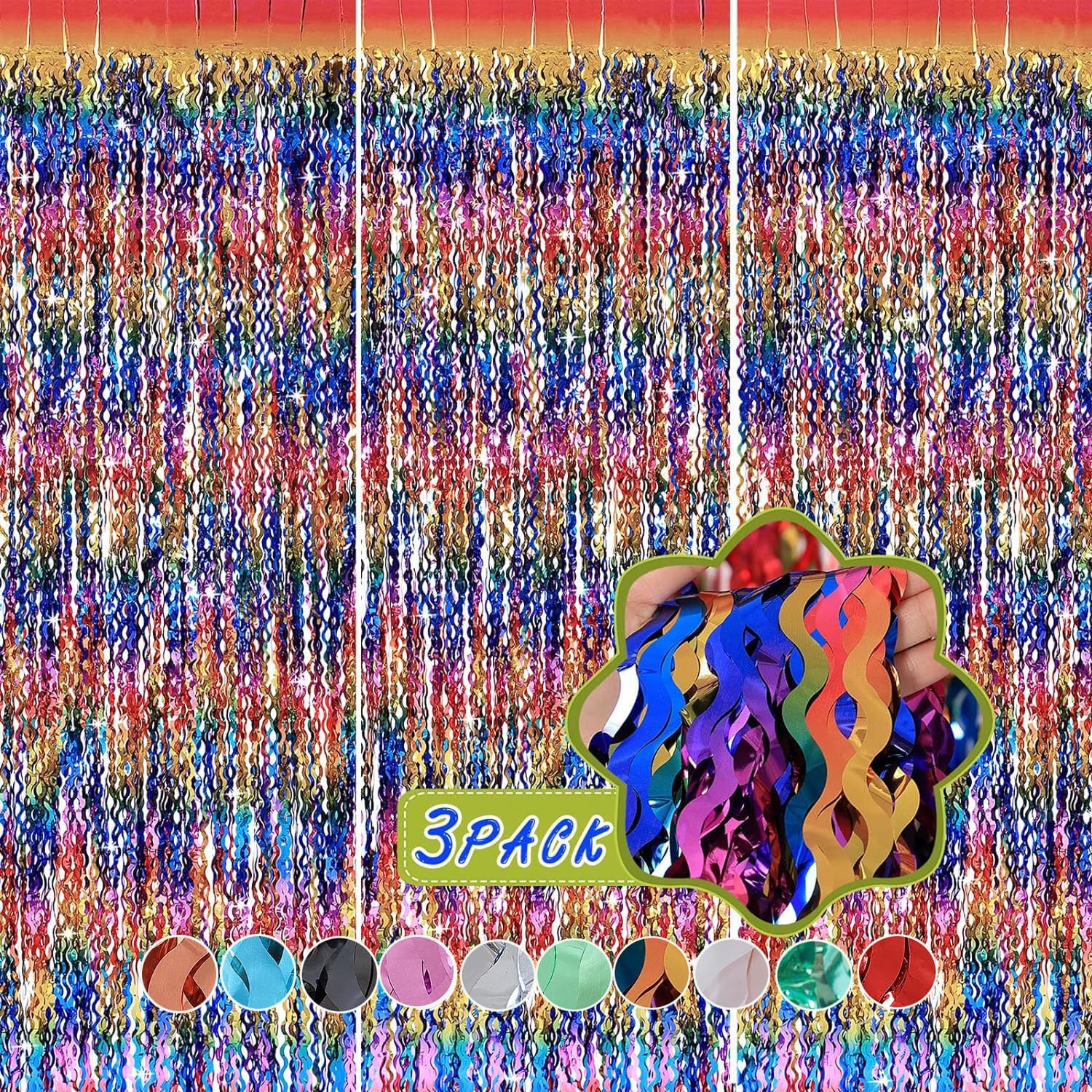3 Pack Colorful Foil Fringe Curtain Backdrop   6.6 X 3.3 Ft Wavy Rainbow Tinsel Backdrop Curtain Metallic Streamers Iridescent H