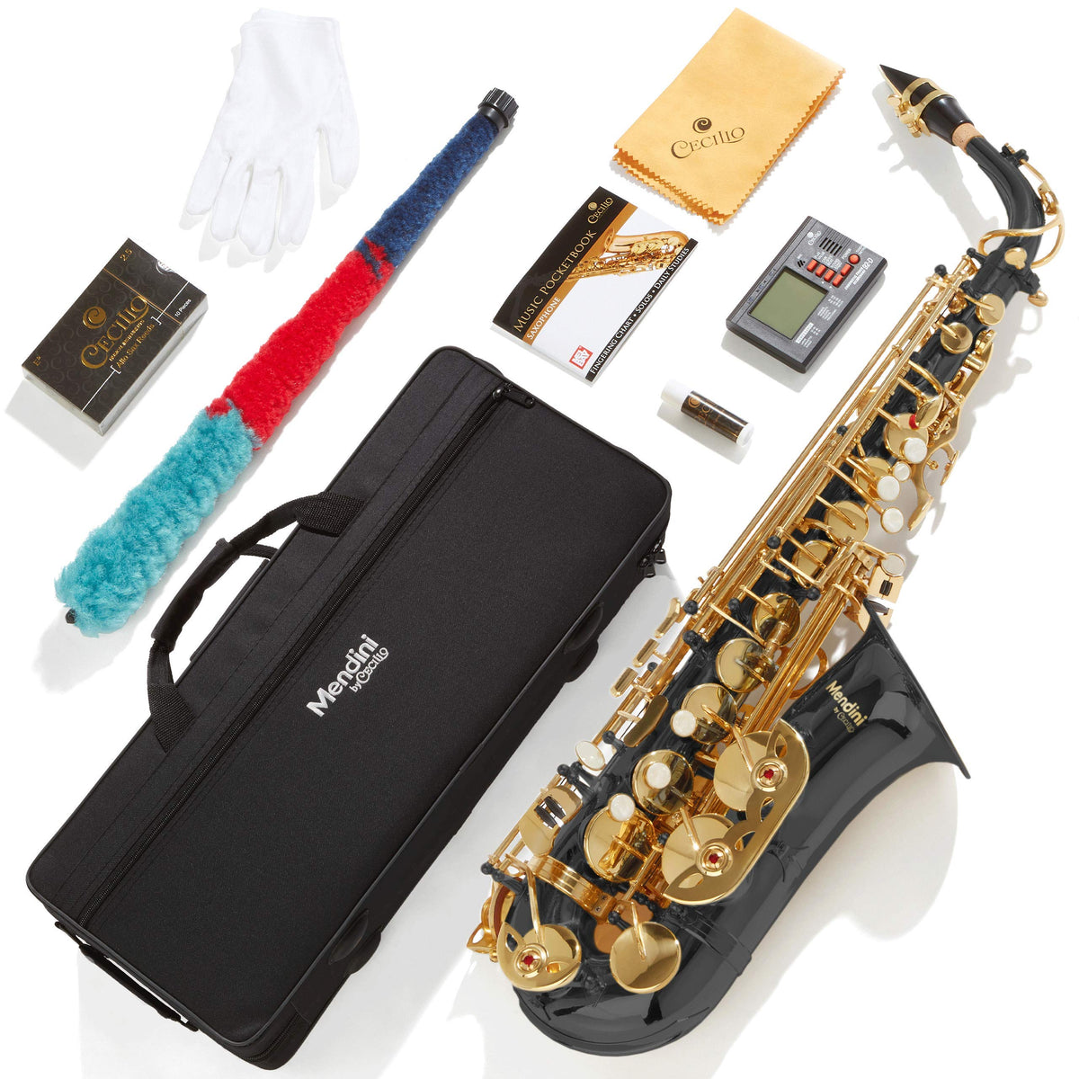 Mendini By Cecilio Eb Alto Saxophone   Case, Tuner, Mouthpiece, 10 Reeds, Pocketbook  Black & Gold E Flat Musical Instruments