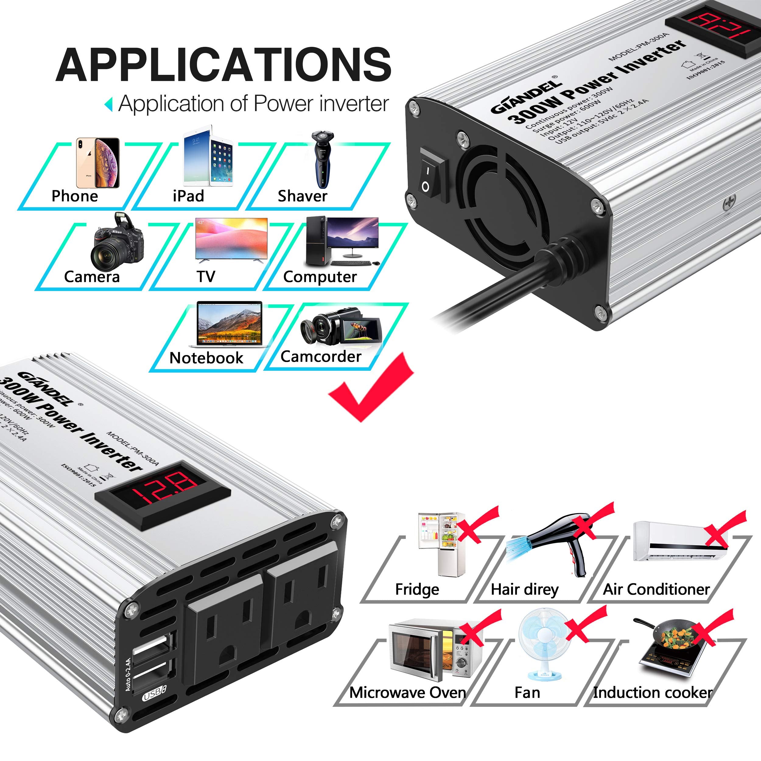 300W Power Inverter Dc 12V To 110V Ac Car Inverter With 48A Dual Usb Car Adapter With Led Display