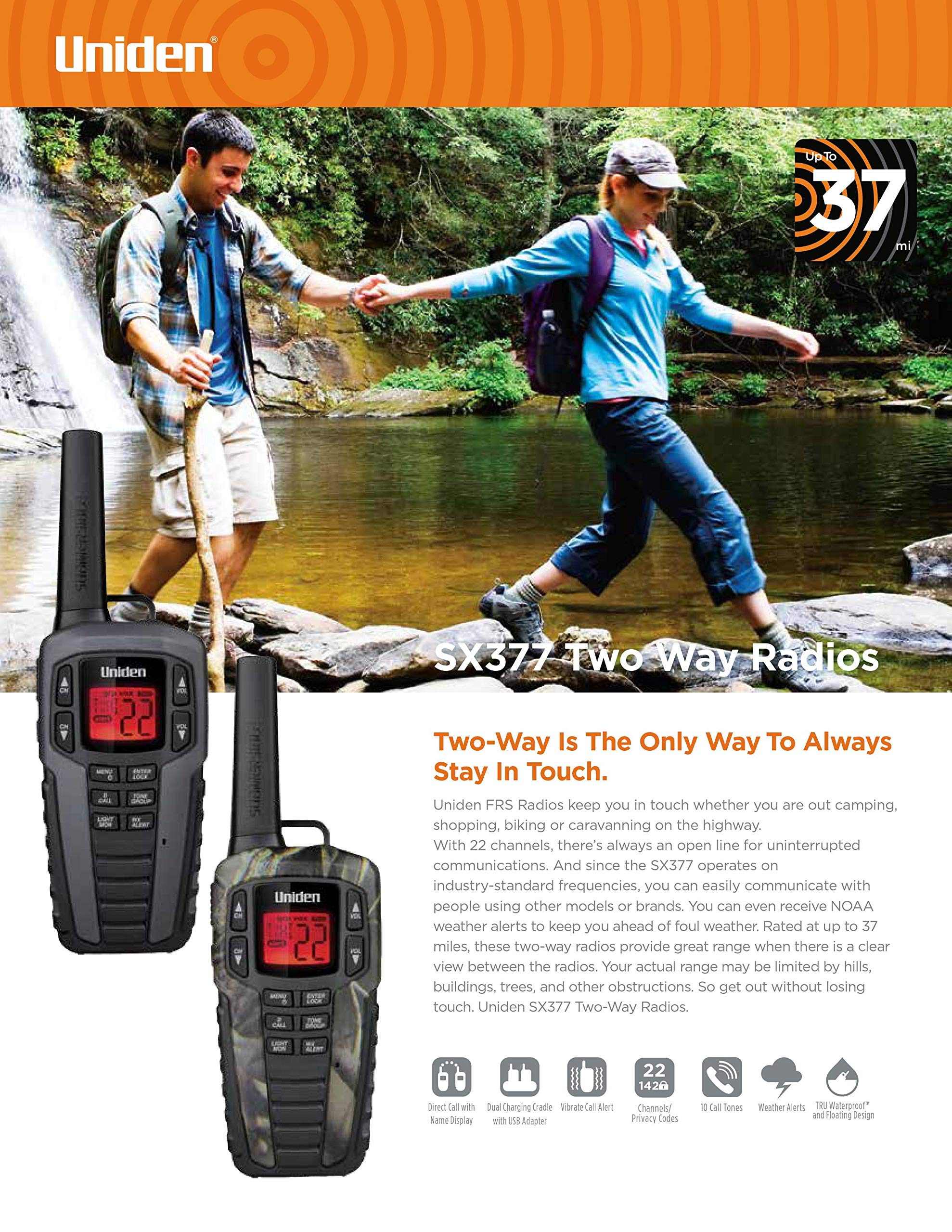 Uniden Sx377-2Ckhs Up To 37 Mile Range Frs Two-Way Radio Walkie Talkies W/ Dual Charging Cradle, Waterproof, Floats, 22 Channels