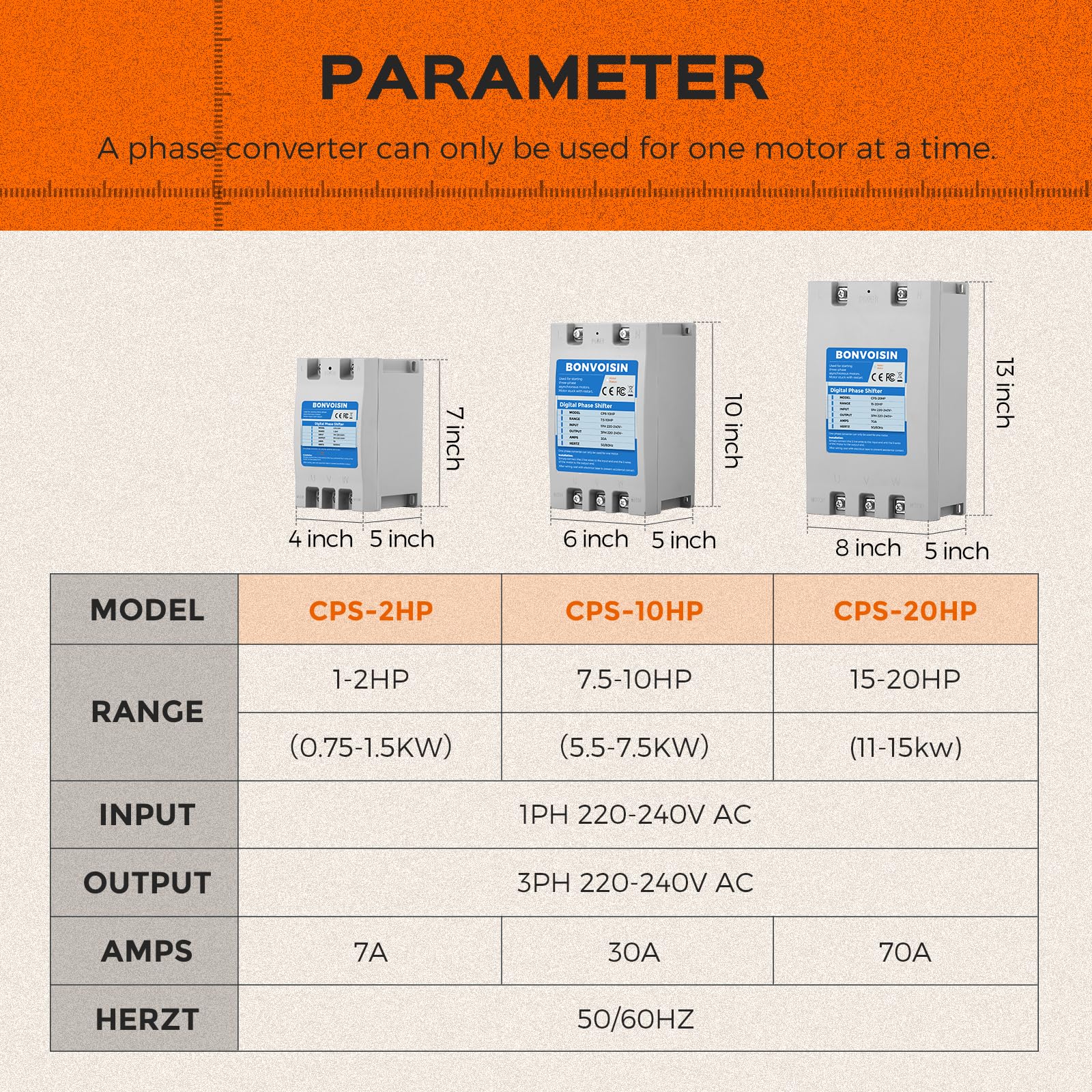 Bonvoisin Single To 3 Phase Converter 2Hp(1.5Kw) Digital Phase Shifter, 7A 220V 240V Input/Output, One Converter For One Motor