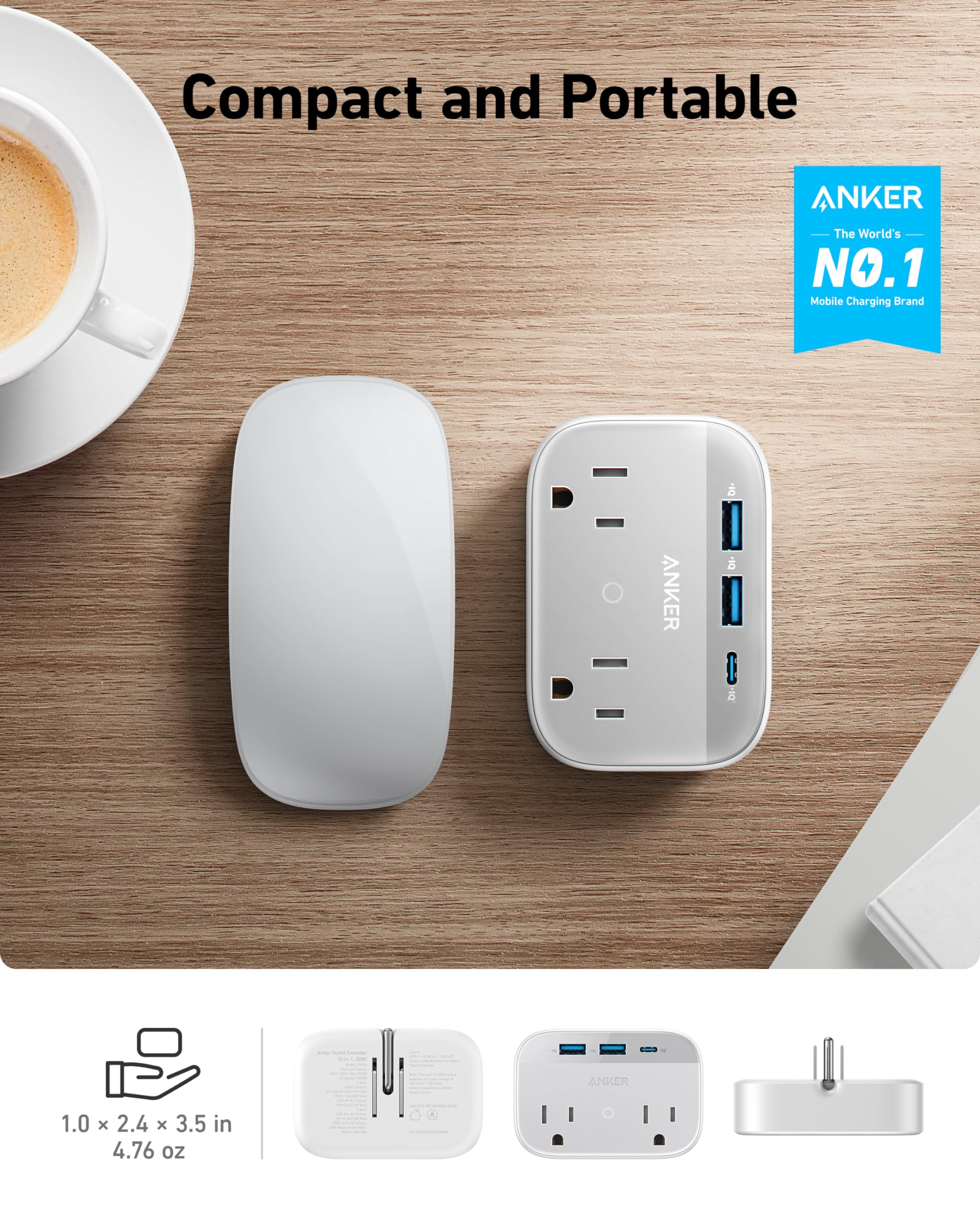 Anker Portable Outlet Extender With Foldable Plug, 5 Multi Plug Outlet, High Speed 30W Usb C Power Delivery, Compatible With Iph