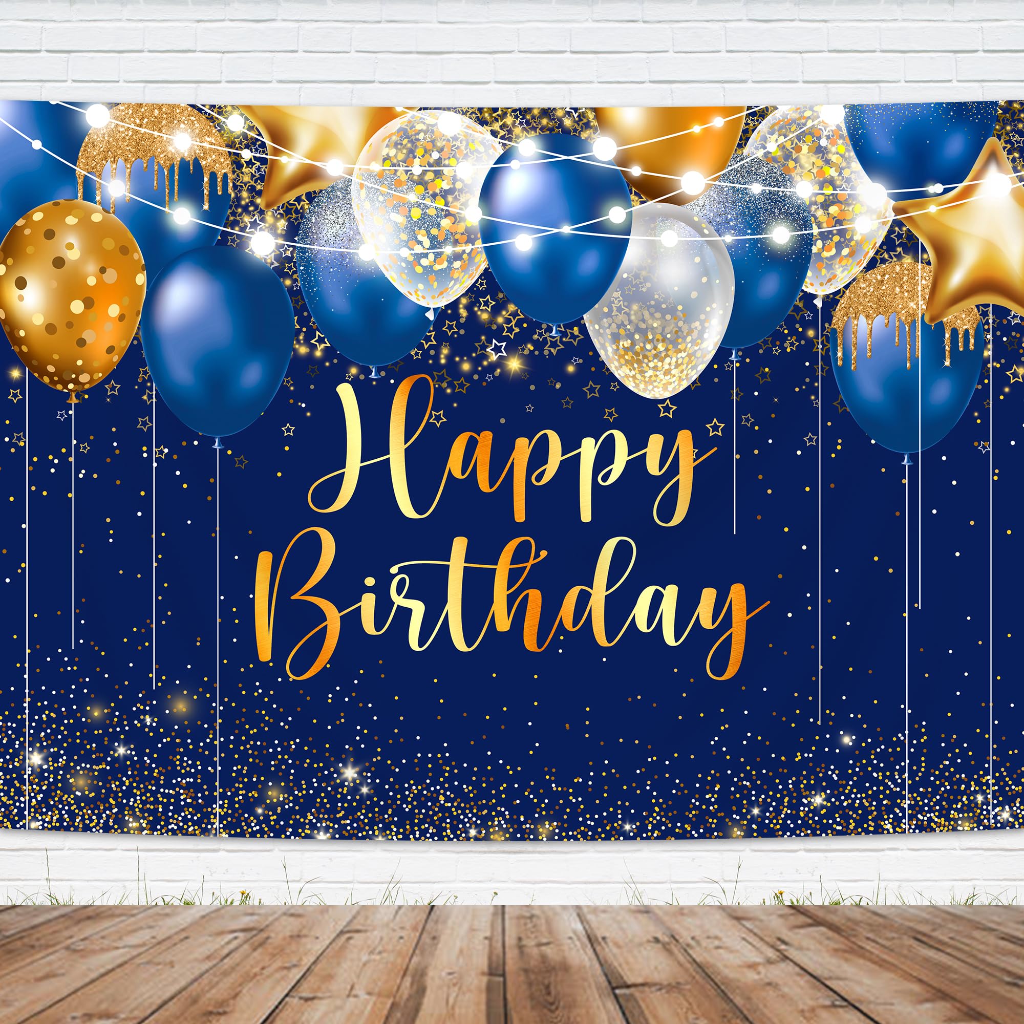 Imirell Royal Blue Gold Birthday Men Backdrop 7Wx5H Feet Boys Balloons Modern Golden Ceremony Stars Polyester Fabric Shining Spa