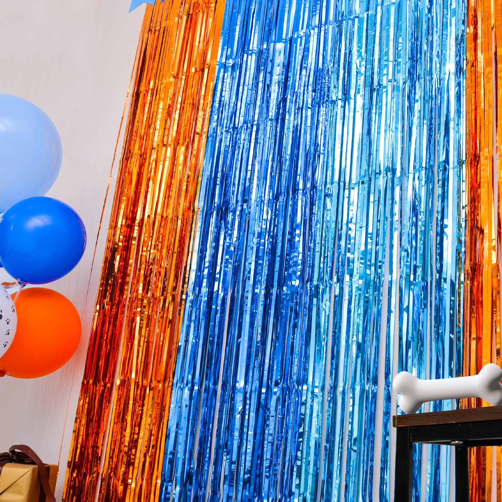 Lolstar Blue Dog Party Decorations,2 Packs Of 3.3X6.6 Ft Orange Blue And Light Blue Foil Fringe Curtains, Blue Dog Birthday Part