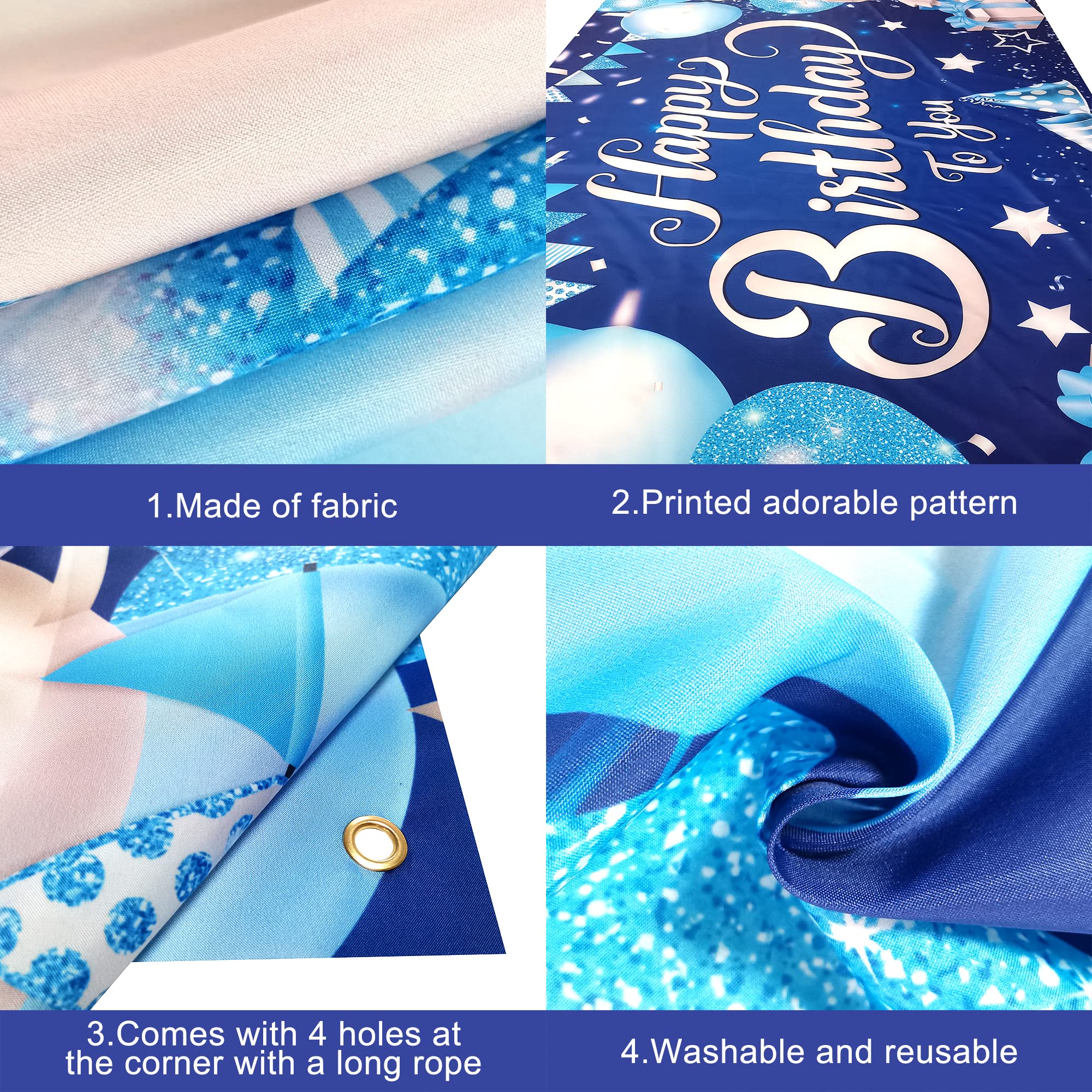 Katchon, Silver And Blue Happy Birthday Banner   Xtralarge, 72X44 Inch | Blue Happy Birthday Backdrop | Blue Birthday Banner For