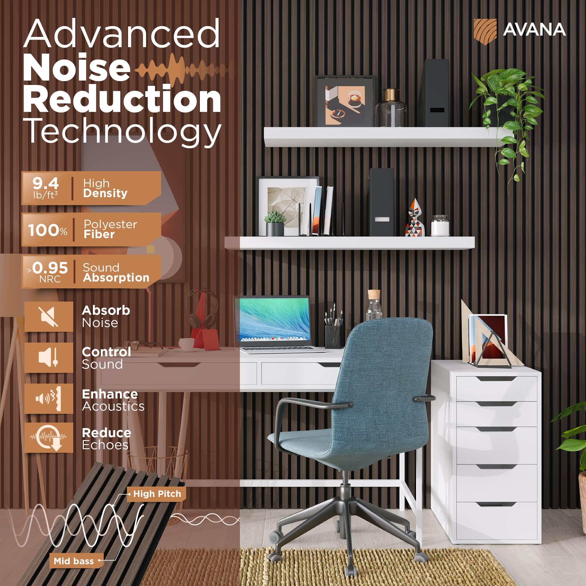 Avana Modern Acoustic Wood Wall Panels   47.2X12.6 Inch Dark Walnut Acoustic Panels 1 Pc   Wall Panels For Interior Wall Decor F