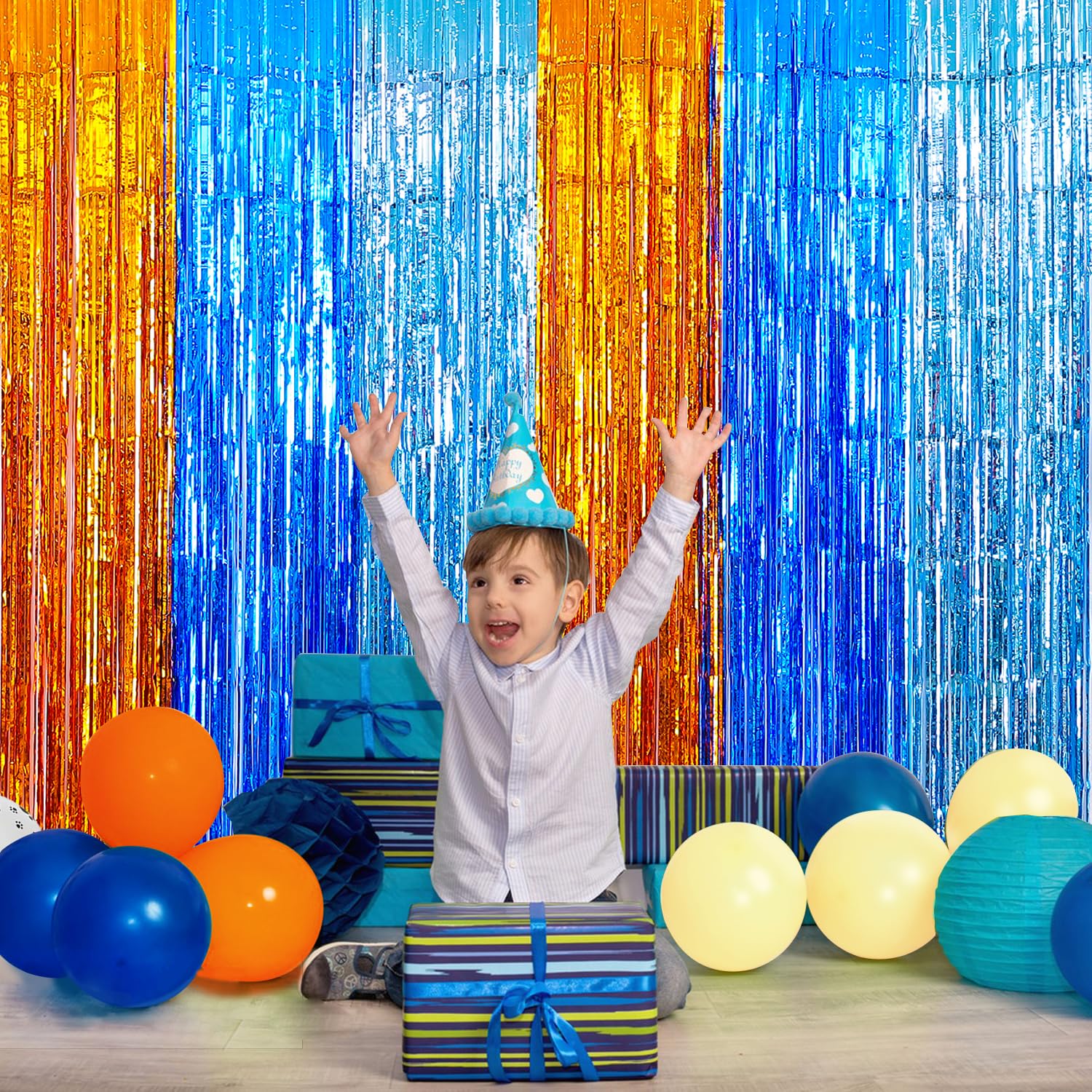 Blue Dog Birthday Party Supplies, Blue Dog Foil Fringe Curtains, 2 Packs Orange Blue & Light Blue Tinsel Metallic Streamers, Pho