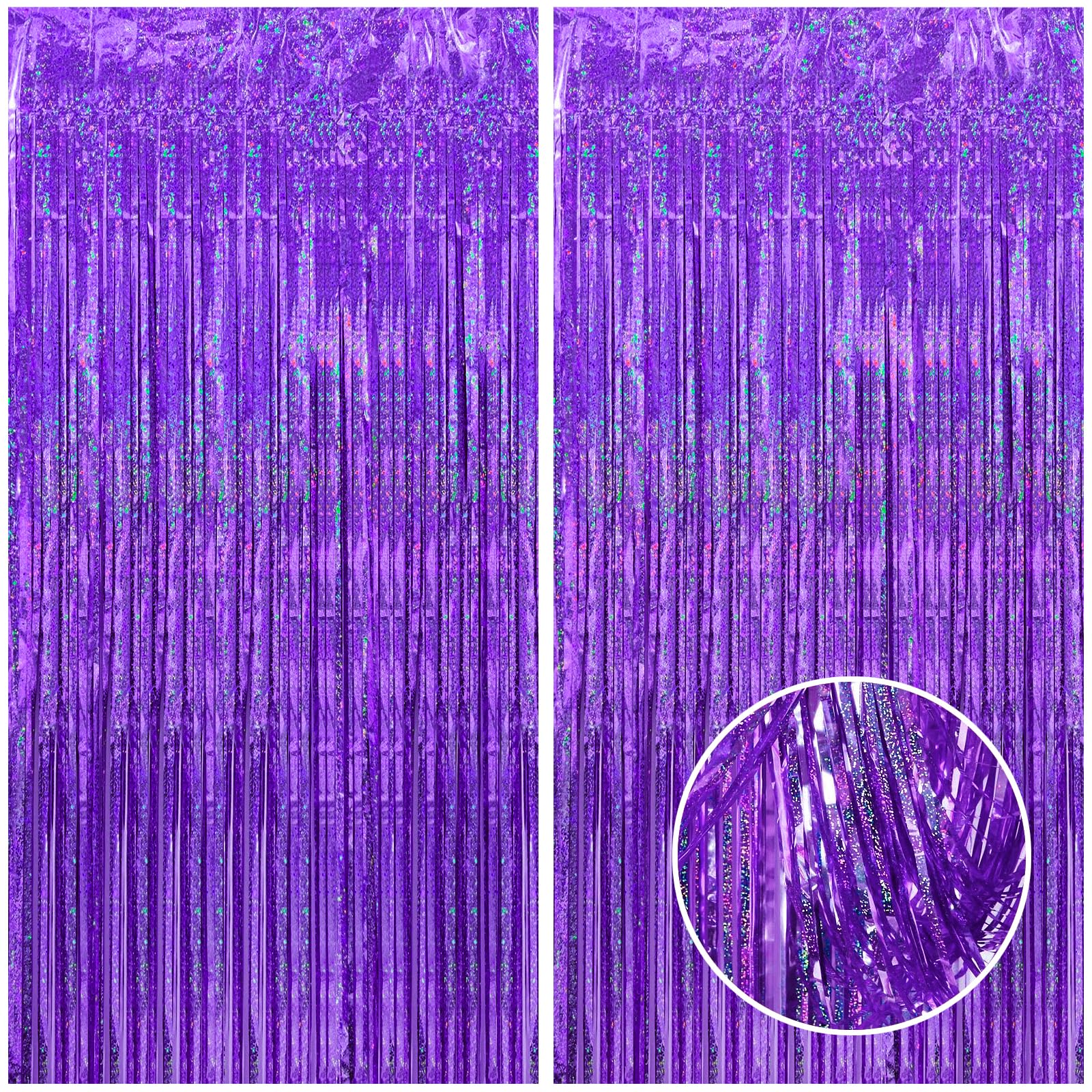 Canrevel 2 Pack 3.3X8.2 Feet Laser Purple Foil Fringe Backdrop Curtains, Glitter Tinsel Streamers For Mermaid Birthday Party Dec