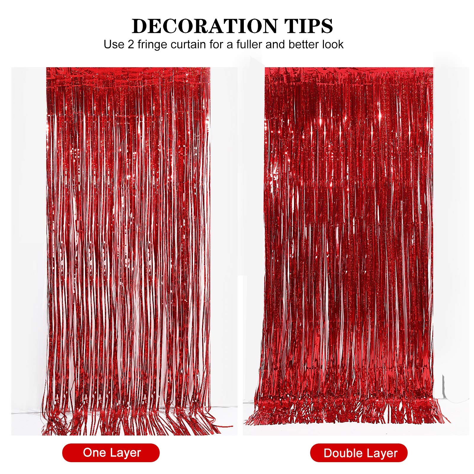 Cylmfc Metallic Tinsel Curtains, 2 Pack 3X8Ft Foil Fringe Backdrop For Birthday & Graduation Decorations, Red