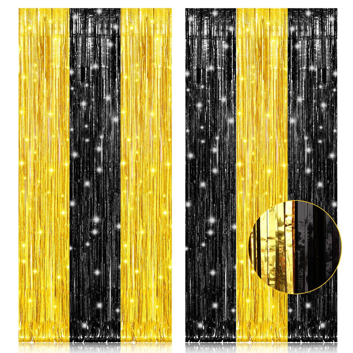 Pigetale, 2 Pack 3.2X8.2 Feet Black And Gold Tinsel Backdrop Party Decorations, Foil Fringe Curtains Backdrop For Birthday Gradu