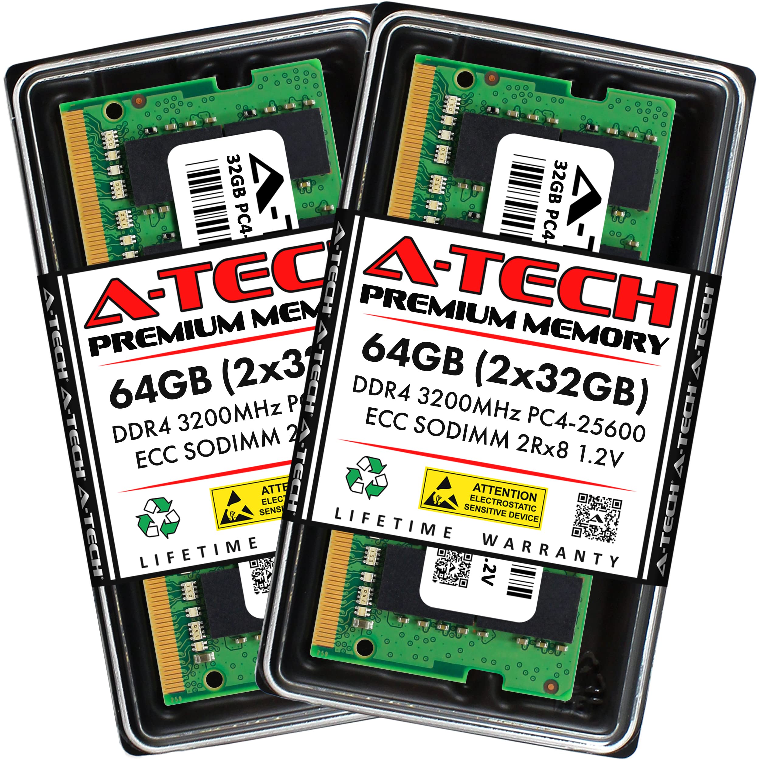 A Tech 64Gb (2X32Gb) Ddr4 3200Mhz Pc4 25600 (Pc4 3200Aa) Cl22 Ecc Sodimm 2Rx8 1.2V 260 Pin Ram Memory For Microserver, Workstati