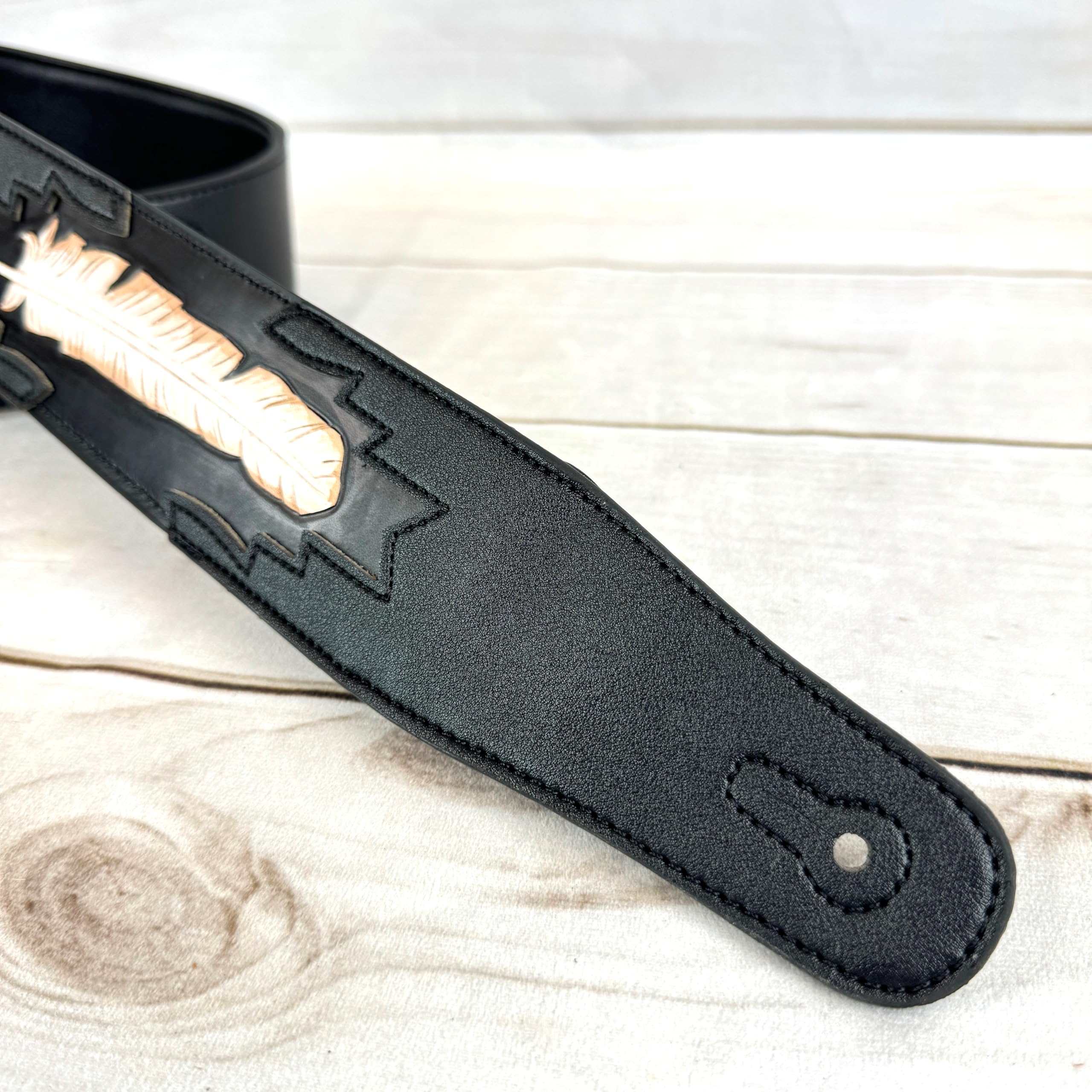 Walker & Williams Cvg 115 Black Leather Padded Guitar Strap Hand Tooled Feather For Acoustic, Electric, And Bass Guitars