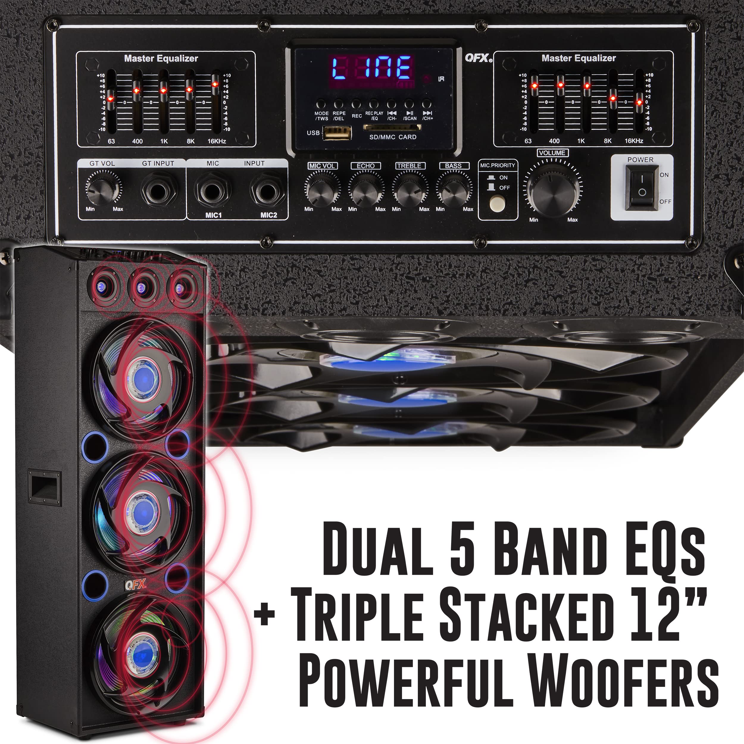 Qfx Sbx 412300Bt Tws Bluetooth Triple 12� Woofer Triple 1� Tweeter Recording High Performance Pa Cabinet Speaker With 10 Band Graphic Eq, 2 Microphone Inputs, Guitar Input, And Aux Input, Blue