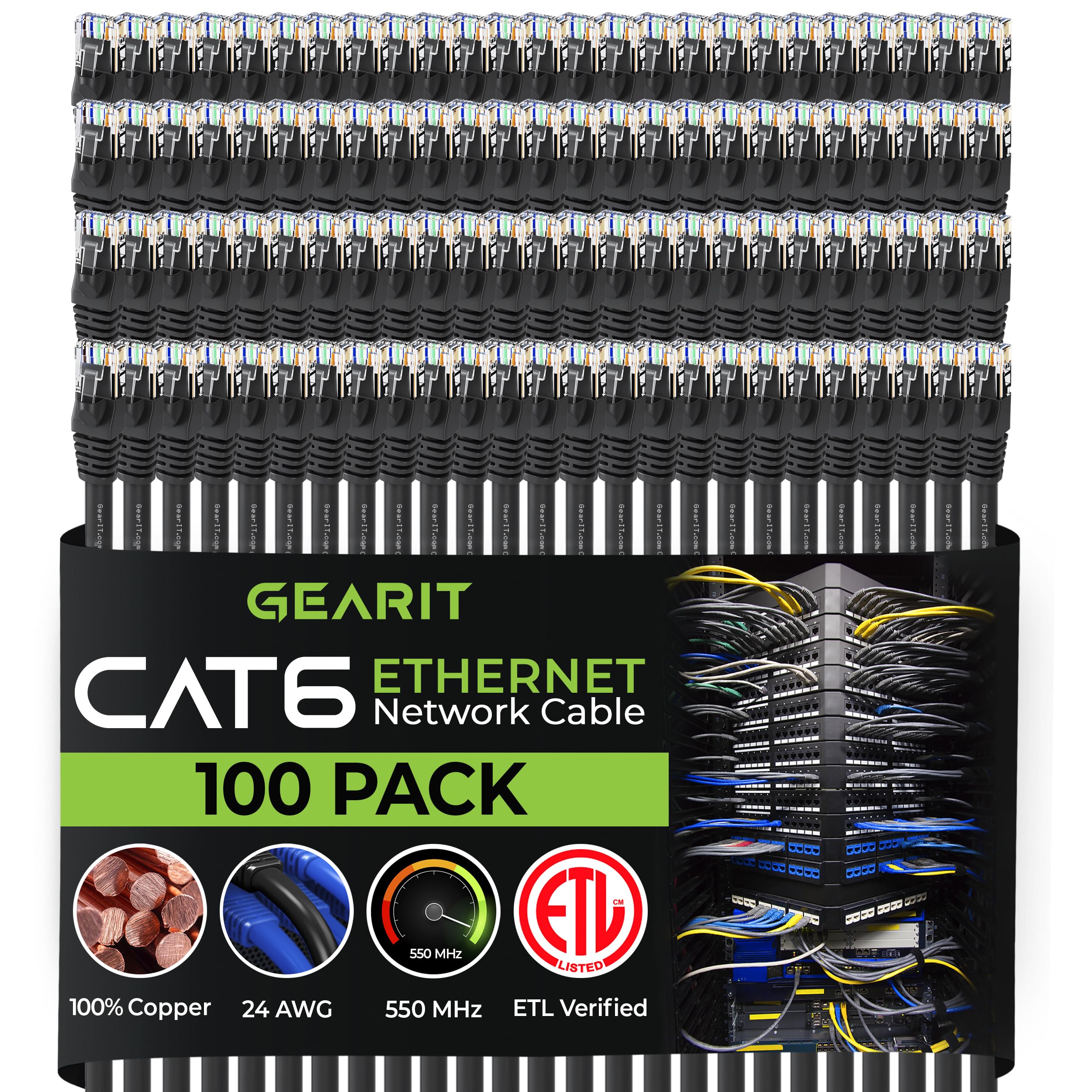 GEARit Cat 6 Ethernet Cable Pack - 100-Pack 0.5 ft Cat6 Ethernet Patch Cables | RJ45 Network Patch Cable, 10 Gbps Snagless Gold-