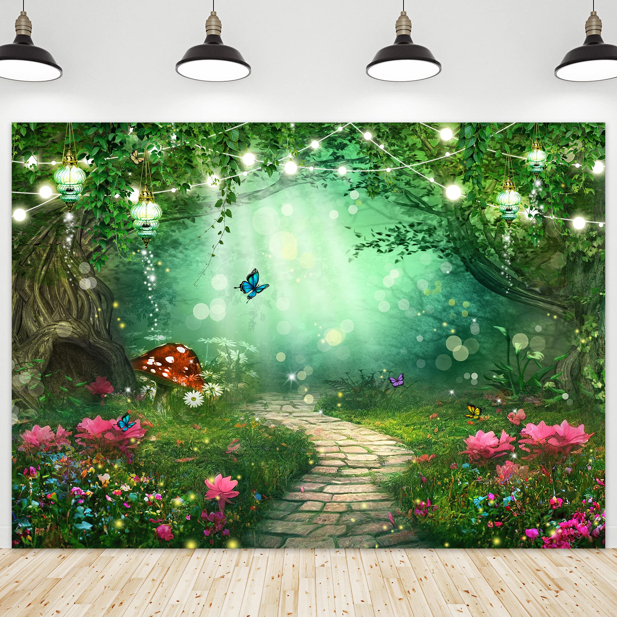 Riyidecor Enchanted Fairy Backdrop Fabric Spring Magic Garden Banner Wonderland Butterfly Wildflower 7Wx5H Feet Tree Woodland Ph