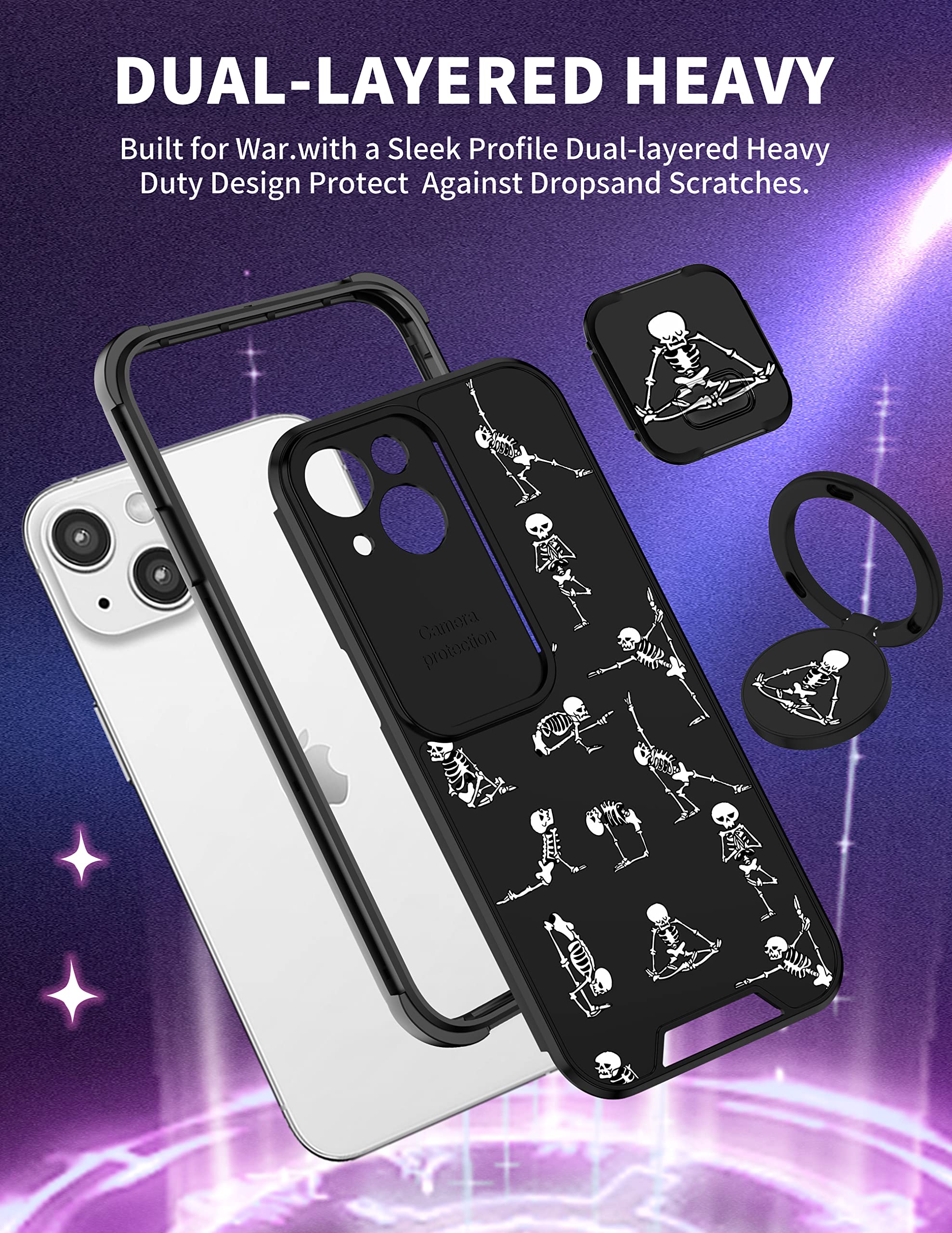 Goocrux (2In1 For Iphone 13 Case Skeleton Yoga Cute Halloween Phone Cover Funny Skull Design With Slide Camera Cover+Ring Black