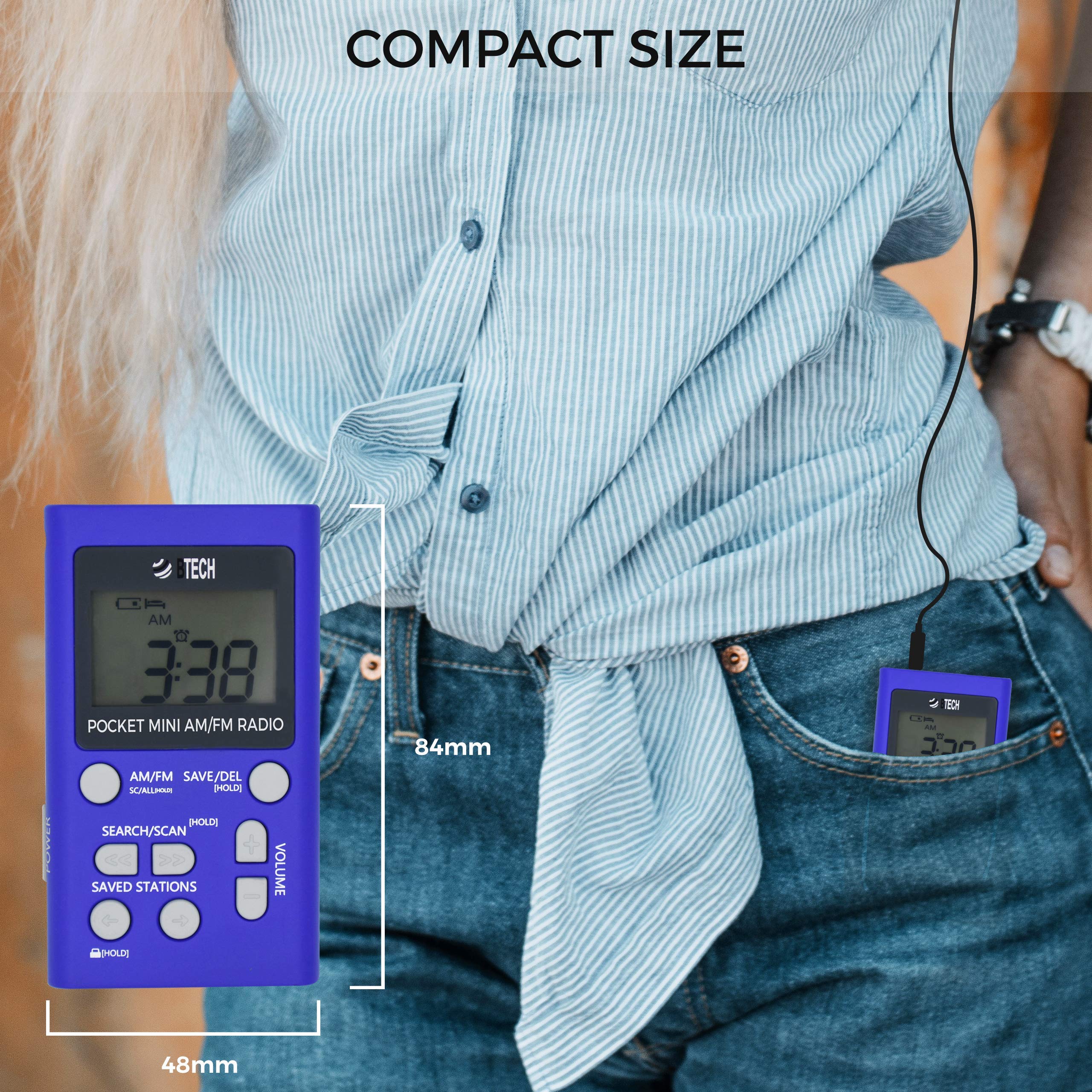 Btech Mpr-Af1 Am Fm Personal Radio With Two Types Of Stereo Headphones, Clock, Great Reception And Long Battery Life, Mini Pocke