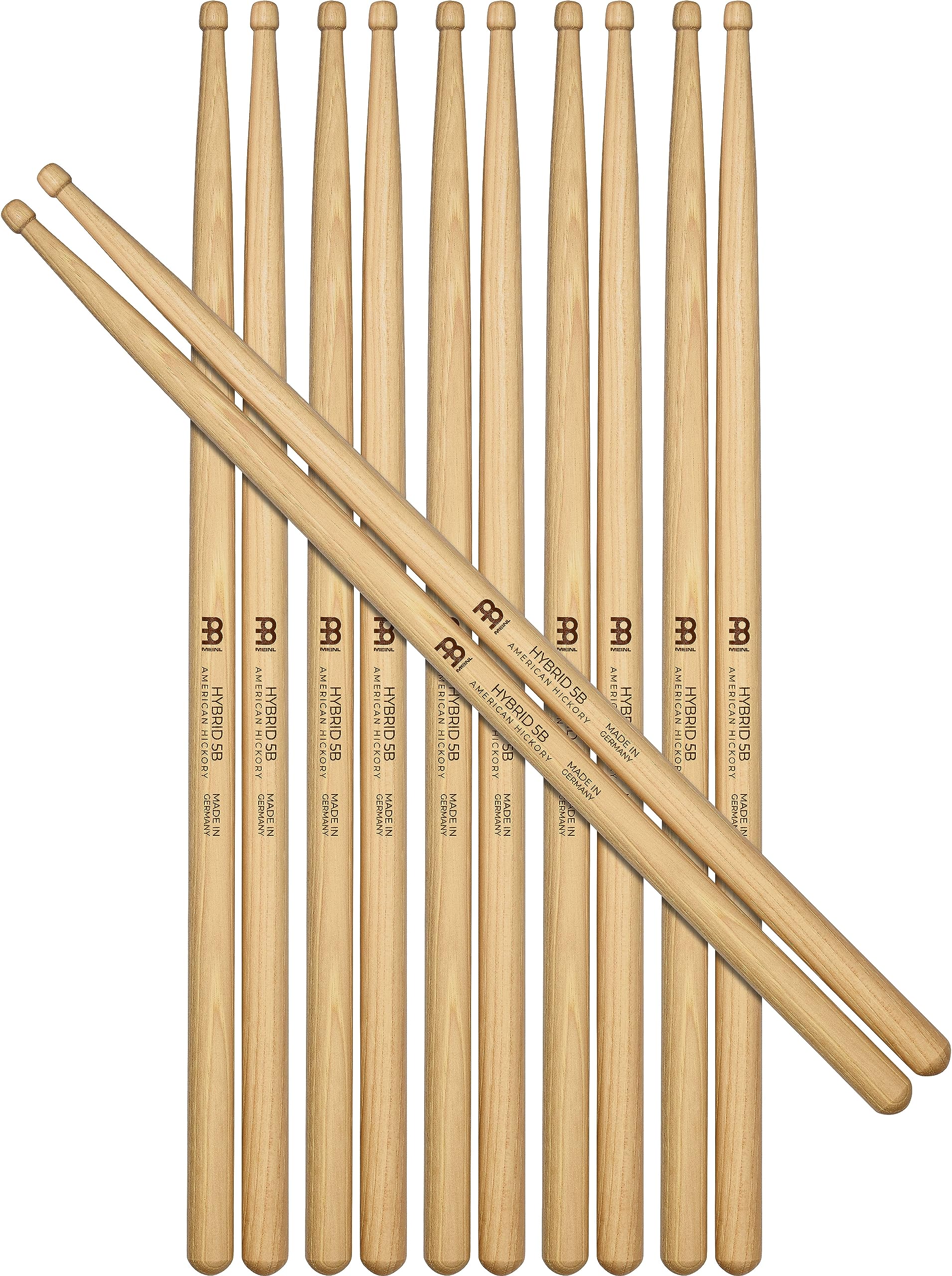 Meinl Stick & Brush Drumsticks, Hybrid 5B Half Brick (6 Pairs, 5 Plus 1 Free)  American Hickory With Acorn/Barrel Shape Wood Tip