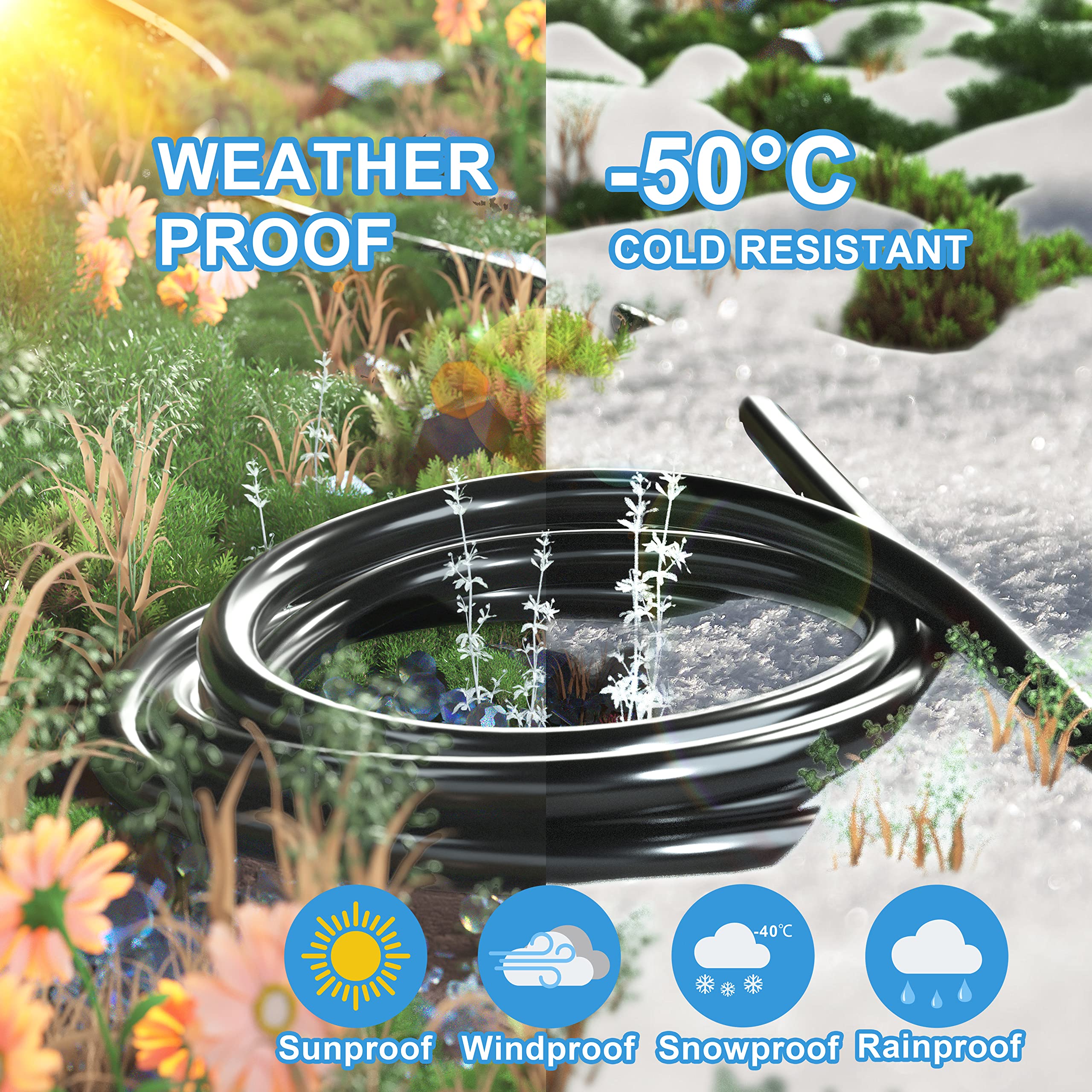 Huanchain 50 Ft 16 Gauge Black Indoor Outdoor Extension Cord Waterproof, Flexible Cold Weather 3 Prong Electric Cord Outside, 13