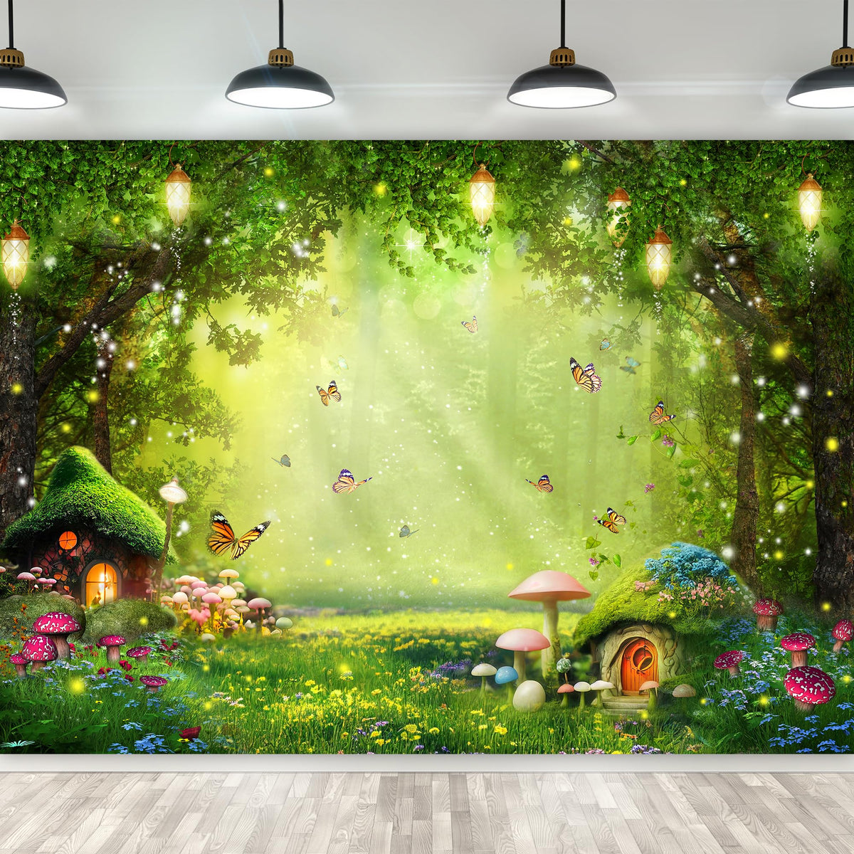 Imirell Enchanted Backdrop 7Wx5H Feet Fairy Tale Wonderland Mushroom Greenery Woodland Butterfly Flower Polyester Fabric Spring