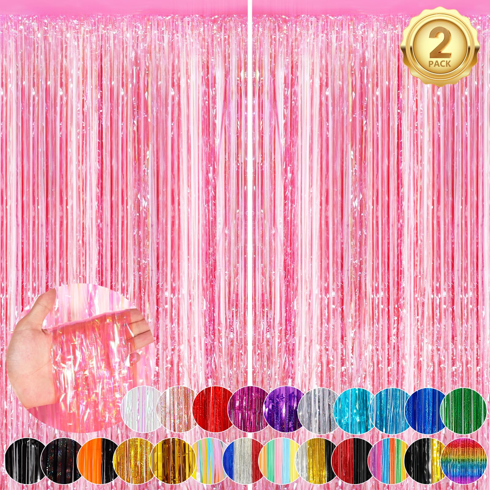 2Pack 3.3X8.3Ft Iridescent Pink Foil Fringe Backdrop Curtains, Pink Tinsel Streamers Birthday Party Decorations Fringe Backdrop