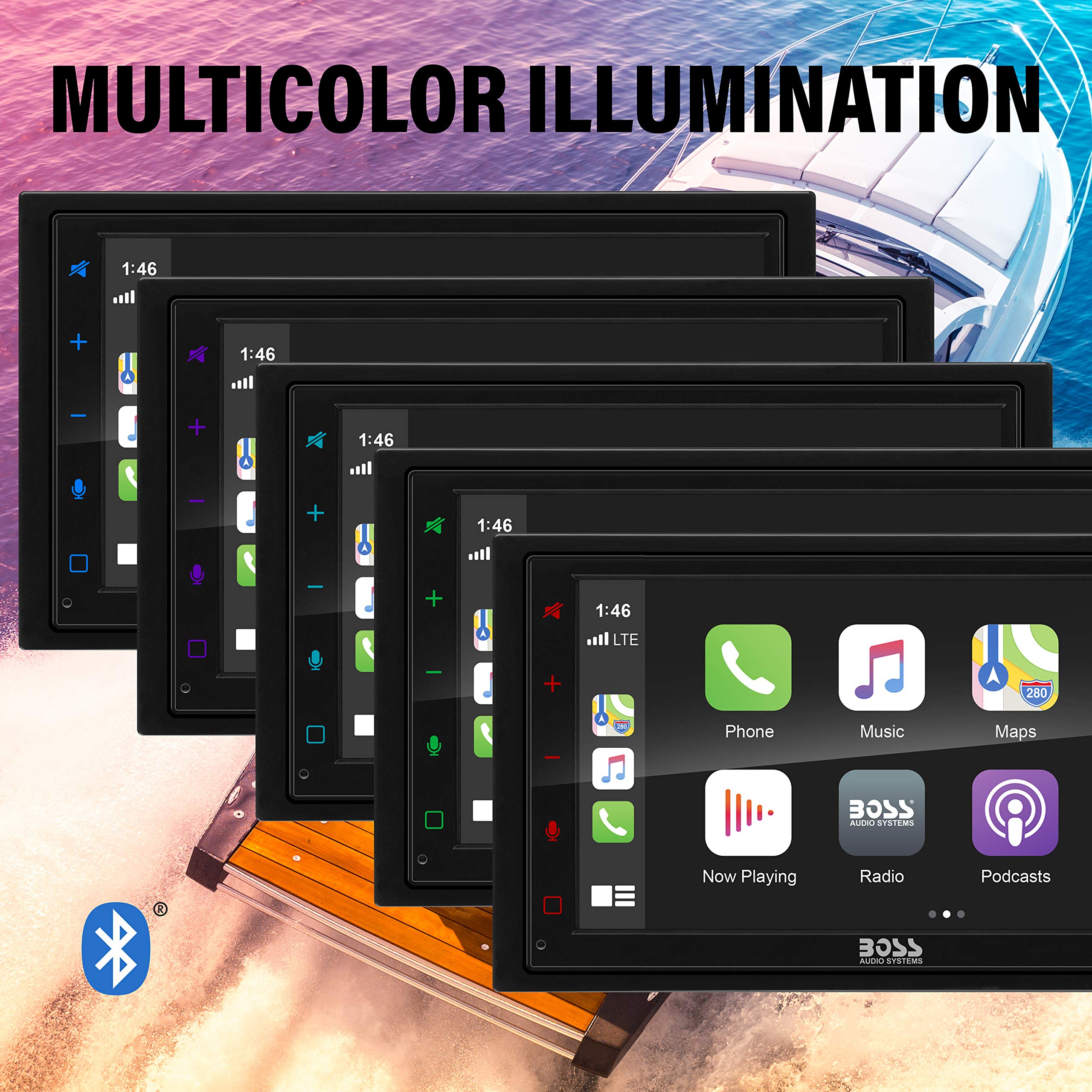 Boss Audio Systems Marine Rated Weatherproof Mrcp9685A Apple Carplay Android Auto Multimedia Player   Double Din, 6.75 Inch Lcd