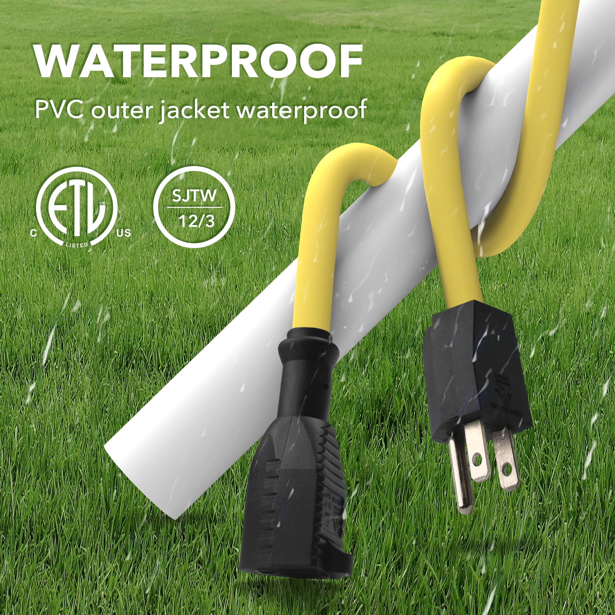 Bn Link 10Ft Outdoor Extension Cord, 12/3 Sjtw Heavy Duty Power Cord, 3 Prong Grounded Plug, Weather Resistant, 15A, 1875W, Yell