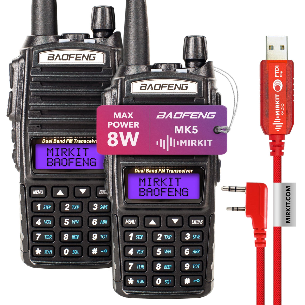 Mirkit 2? Baofeng Uv 82 Mk5 8W Max Power Ham Radio Vhf/Uhf 144 148/420 450Mhz Walkie Talkies With 2800Mah Li Ion Baofeng Battery Pack, Baofeng Programming Cable & Mirkit Lanyards
