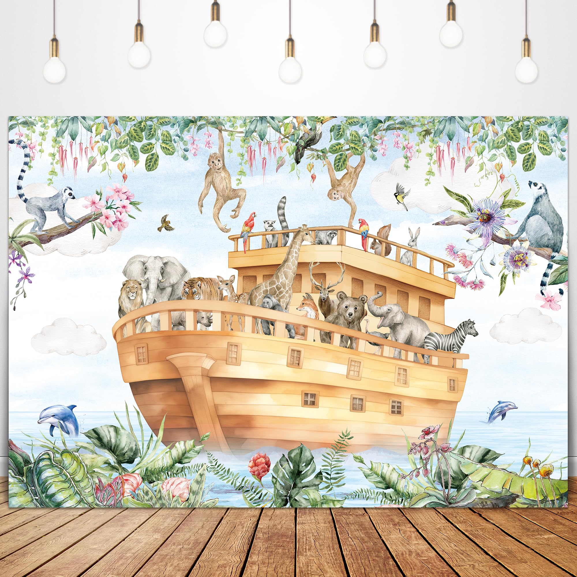 Glawry Noah'S Ark Backdrop For Photography 7Wx5H Feet Cartoon Woodland Animal Safari Jungle Tropical Leaves Plant Newborn Baby S