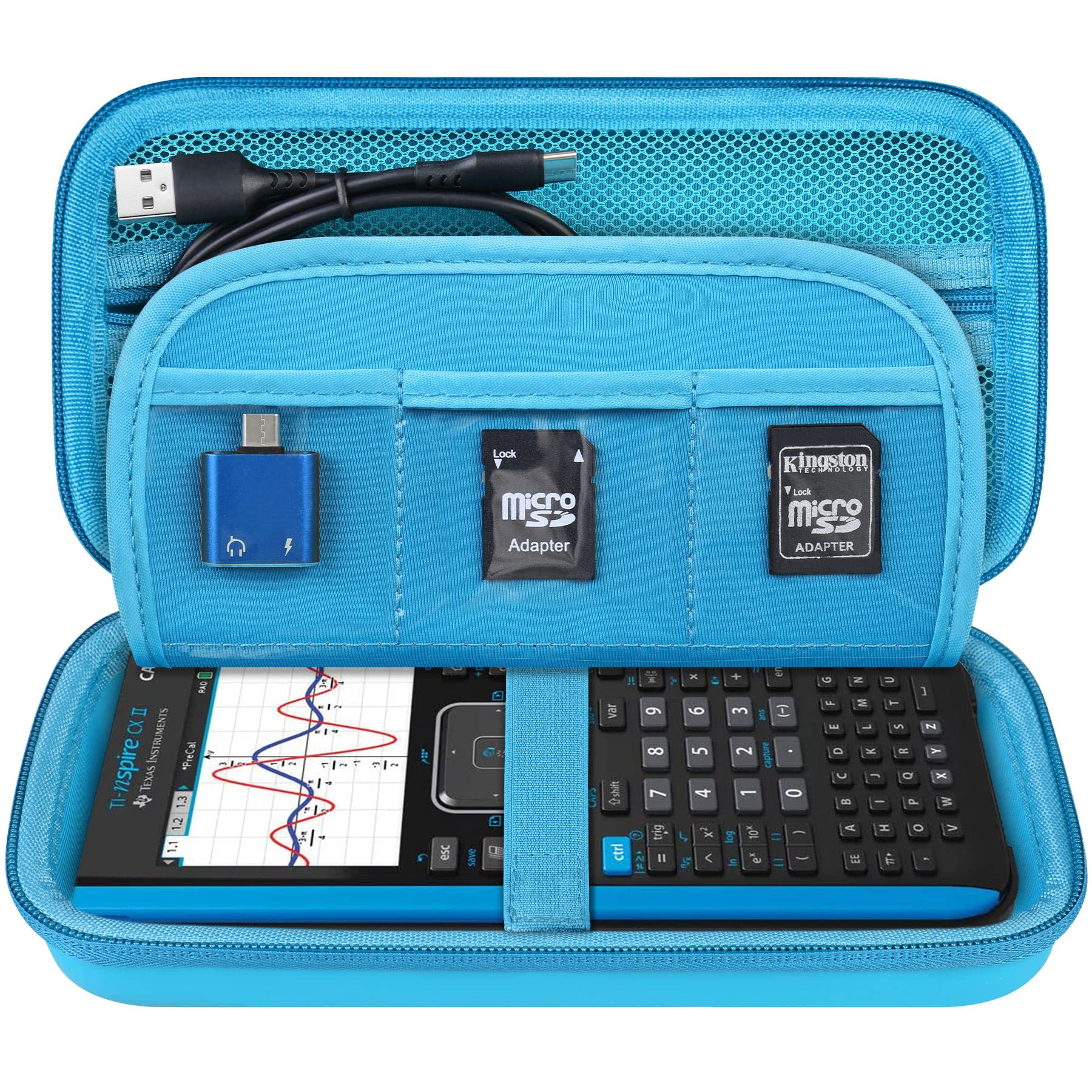 Elonbo Hard Travel Case For Texas Instruments Ti Nspire Cx Ii Cas/Cx Ii/Cx Cas Color Graphing Calculator, Extra Zipped Pocket Fits Charging Cable, Charger, Manual, Blue