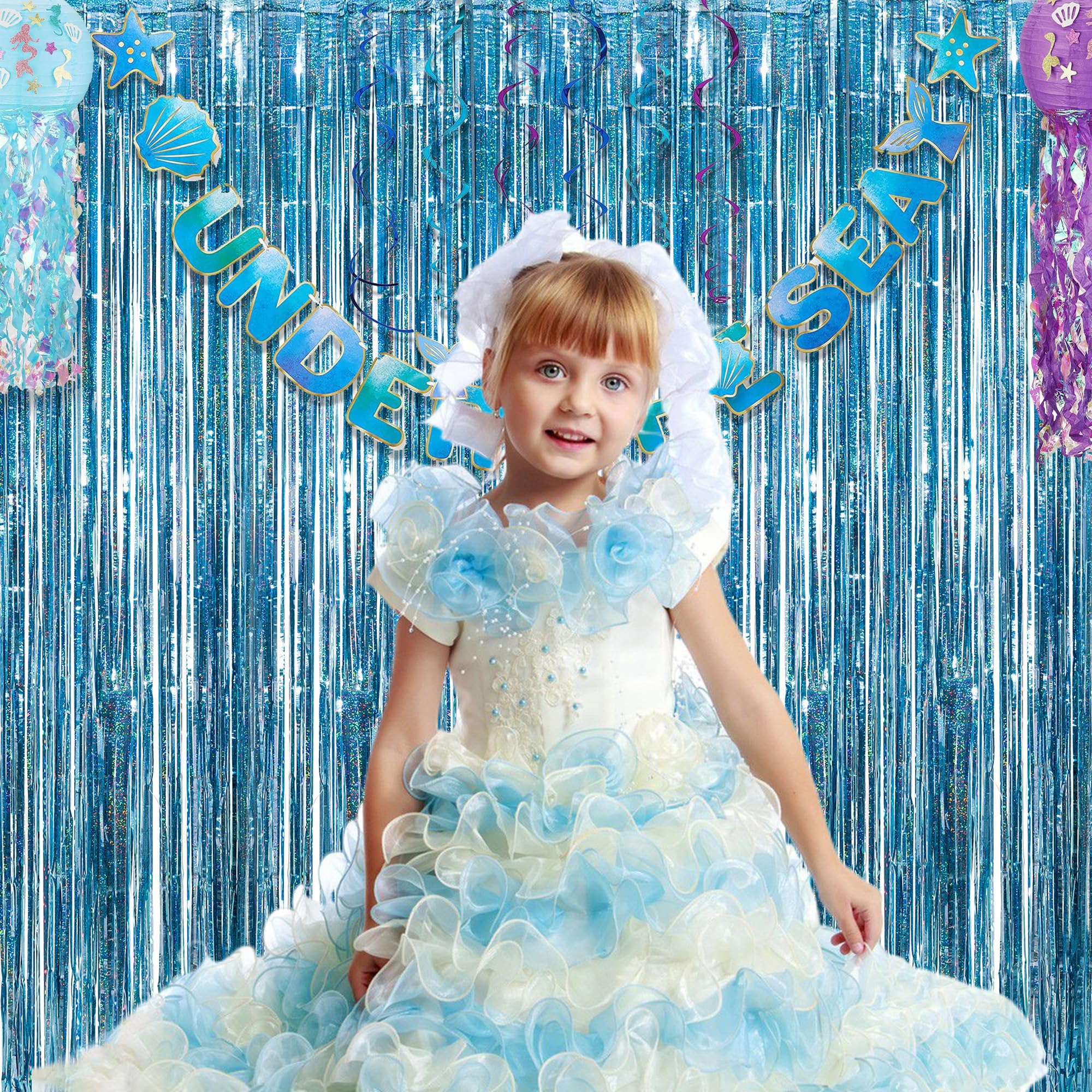 Blue Tinsel Curtain Party Backdrop   Greatril Foil Curtain Party Photo Streamers Backdrop For Frozen/Mermaid/Under Sea/Baby Part