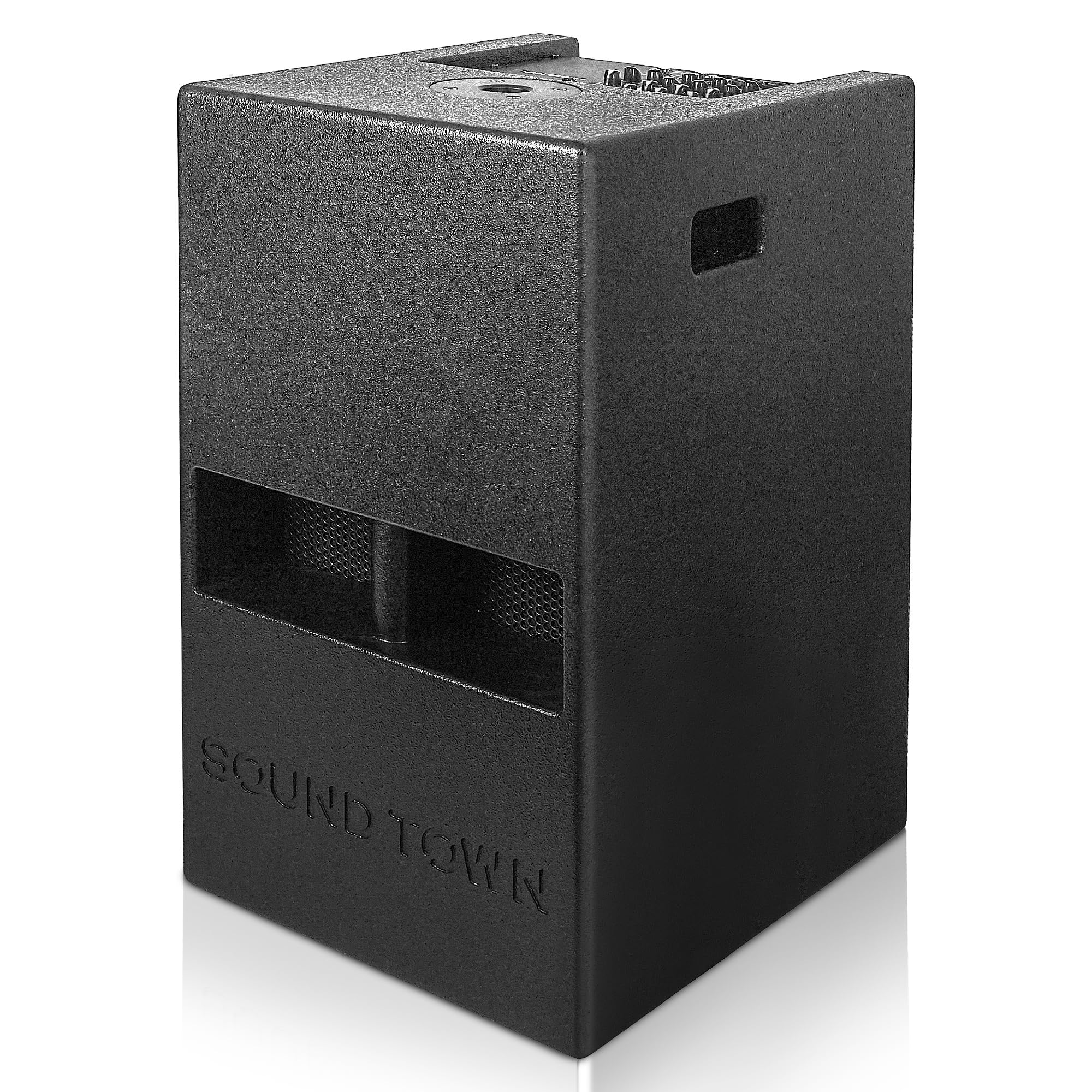Sound Town 1400 Watts 12' Powered Pa/Dj Subwoofer 2.1 Channel W/ 2 Speaker Outputs, Folded Horn Design, Built In Mixer, Plywood, Black (Carpo M12Ds)