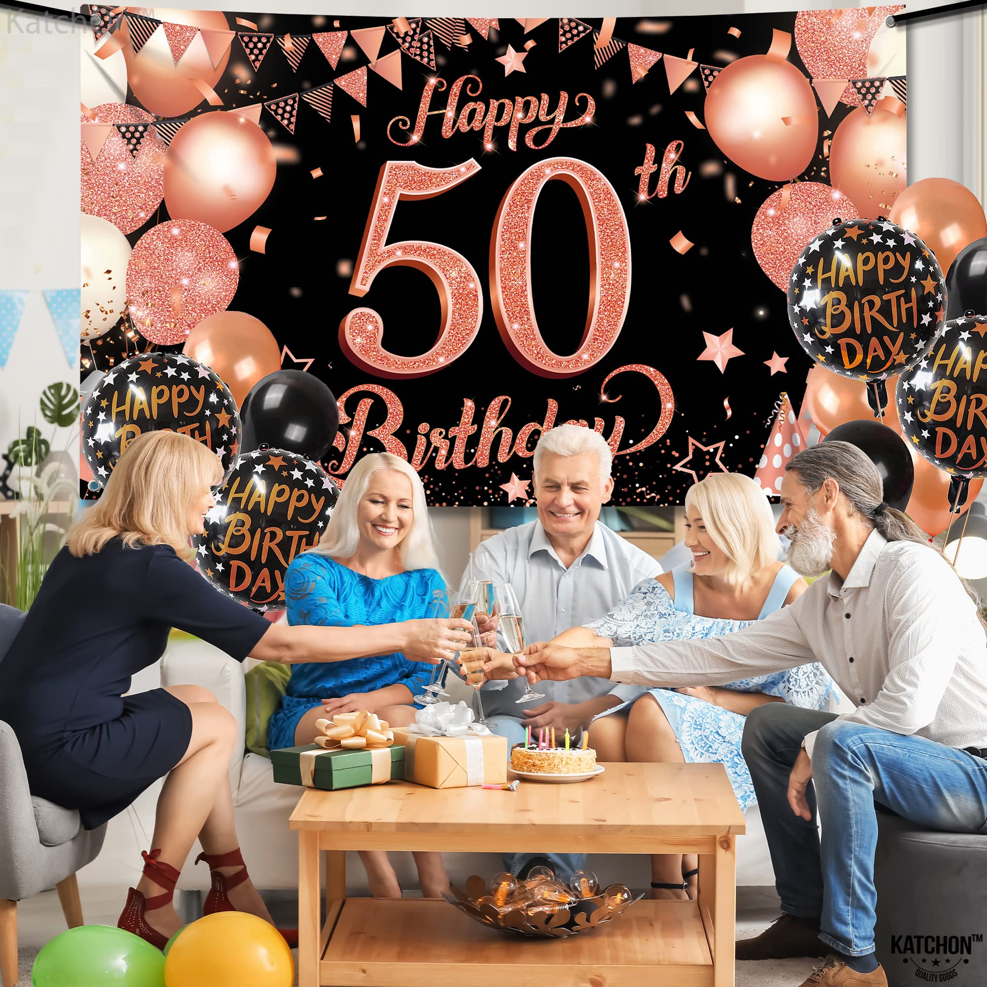 Katchon, Rose Gold 50Th Birthday Banner   Xtralarge, 72X44 Inch | Happy 50Th Birthday Backdrop For Women | Rose Gold Happy 50Th