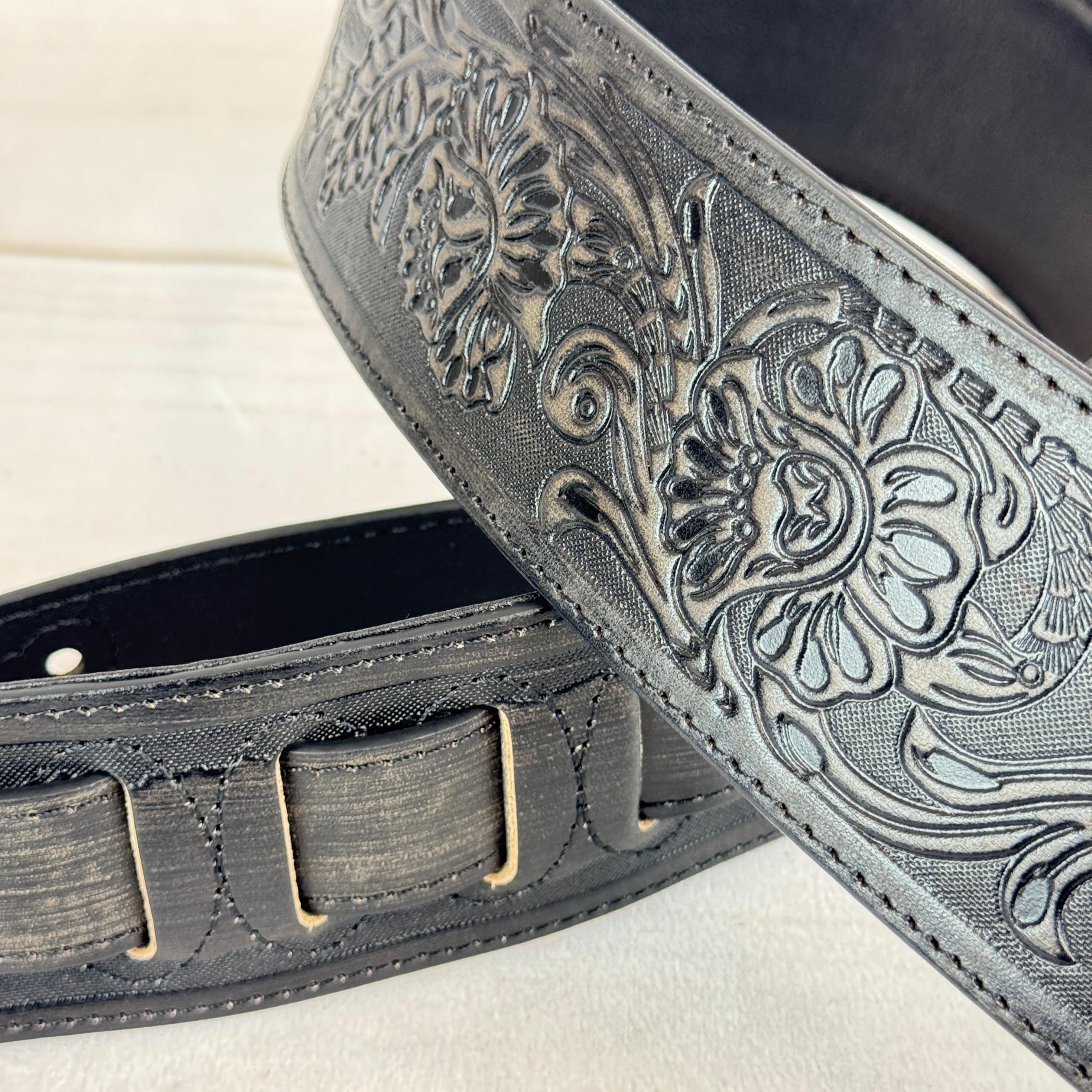 Walker & Williams Lif 02 Distressed Black Handmade Leather Padded Guitar Strap With Western Sheridan Tooling For Acoustic, Elect