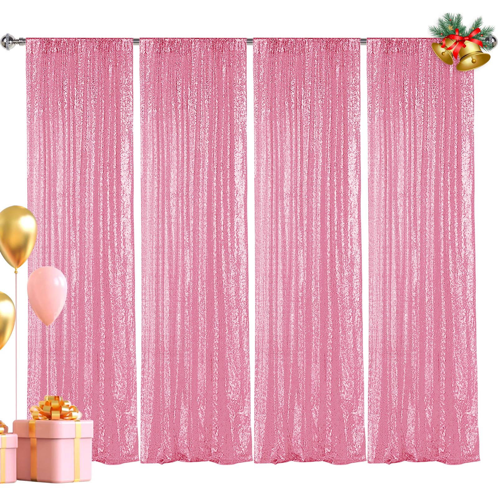 Hahuho Pink Sequin Backdrop Curtain, 4Pcs 2Ftx8Ft Glitter Backdrop Curtain For Parties, Christmas, Wedding, Banquet Decoration(4