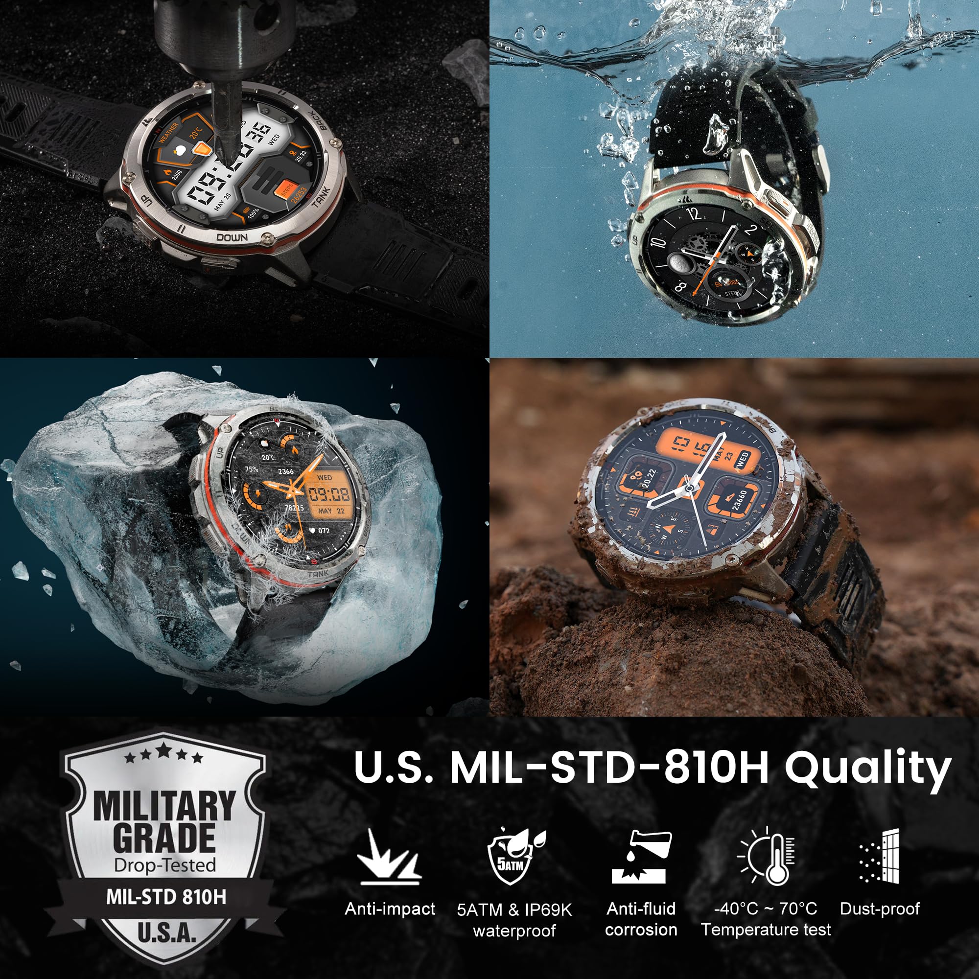 Kospet Tank T3 Ultra Smart Watch Gps For Men, 5Atm Waterproof, Pressure&Altitude&Compass, Extra-Large Battery, Full Metal Body R