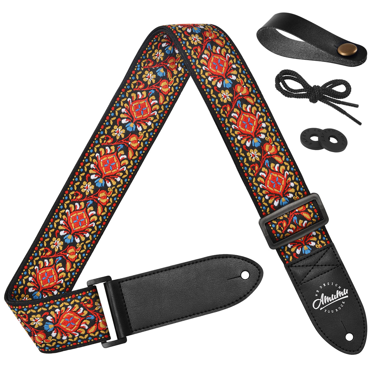 Amumu Adjustable Guitar Strap Red Flower For Acoustic, Electric, And Bass Guitar